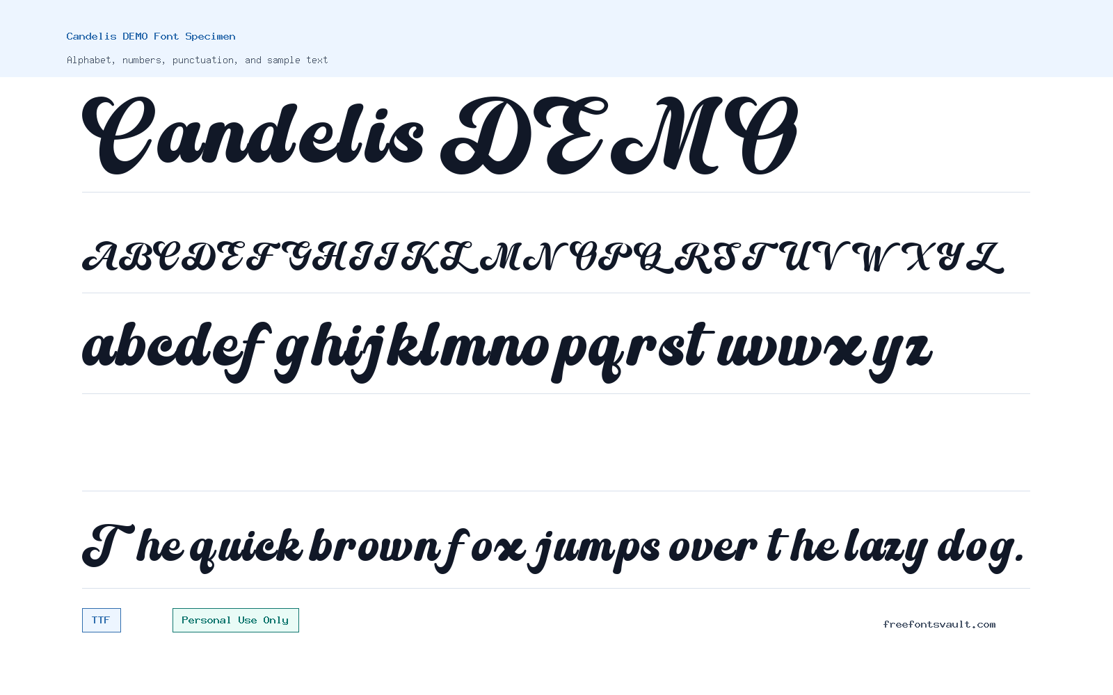 Candelis DEMO font specimen showing alphabet, numbers, and sample text