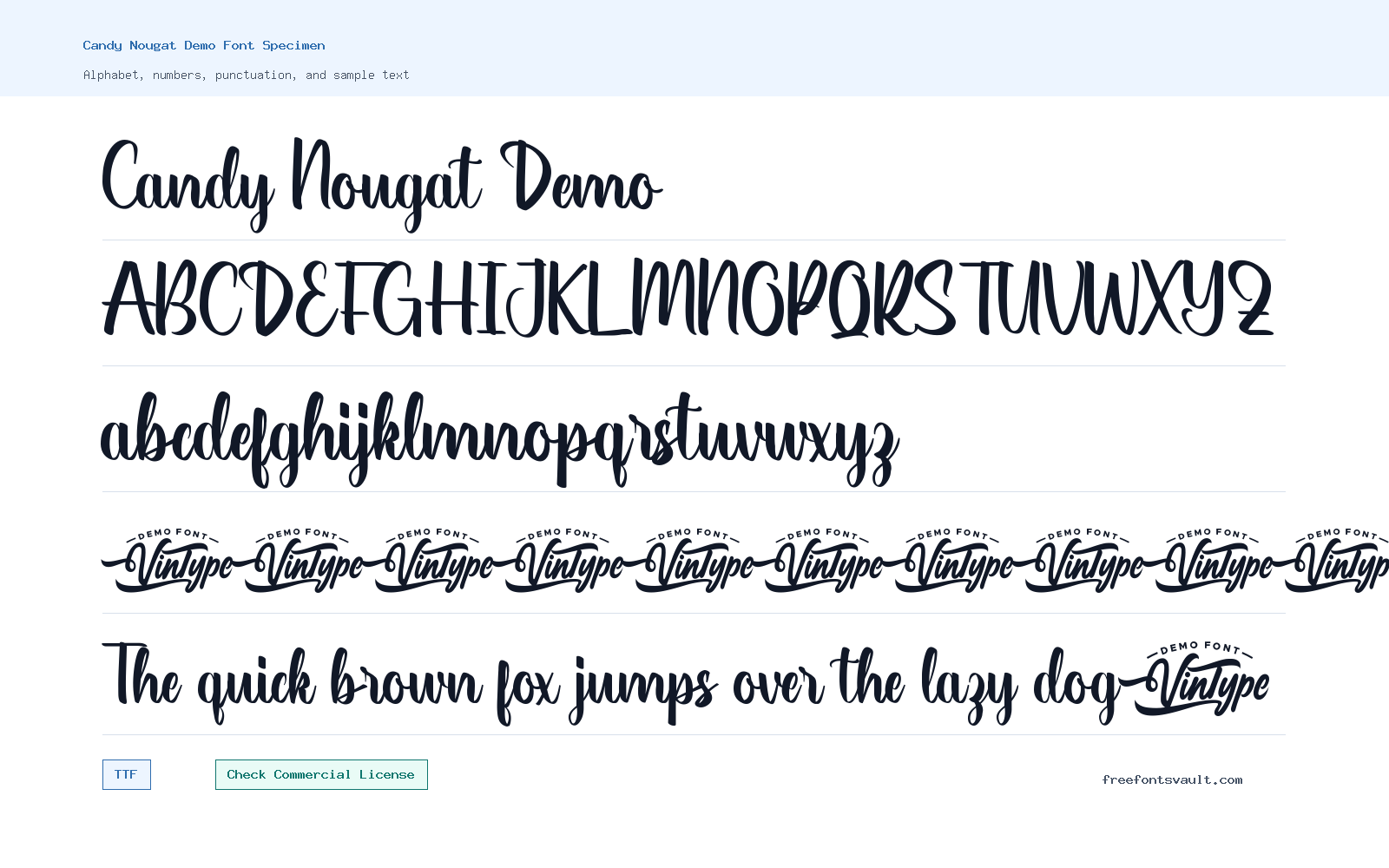 Candy Nougat Demo font specimen showing alphabet, numbers, and sample text