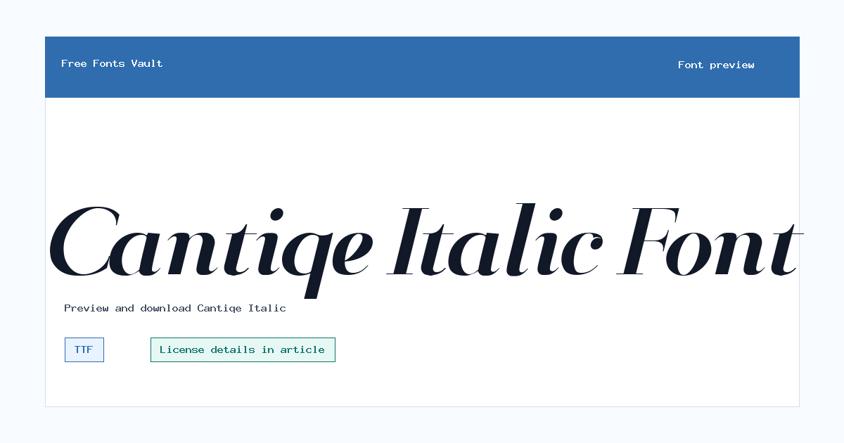 Cantiqe Italic font preview showing the family name