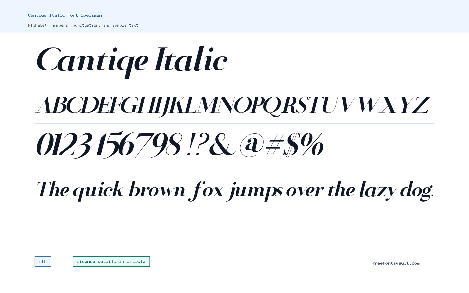 Cantiqe Italic font specimen showing alphabet, numbers, and sample text