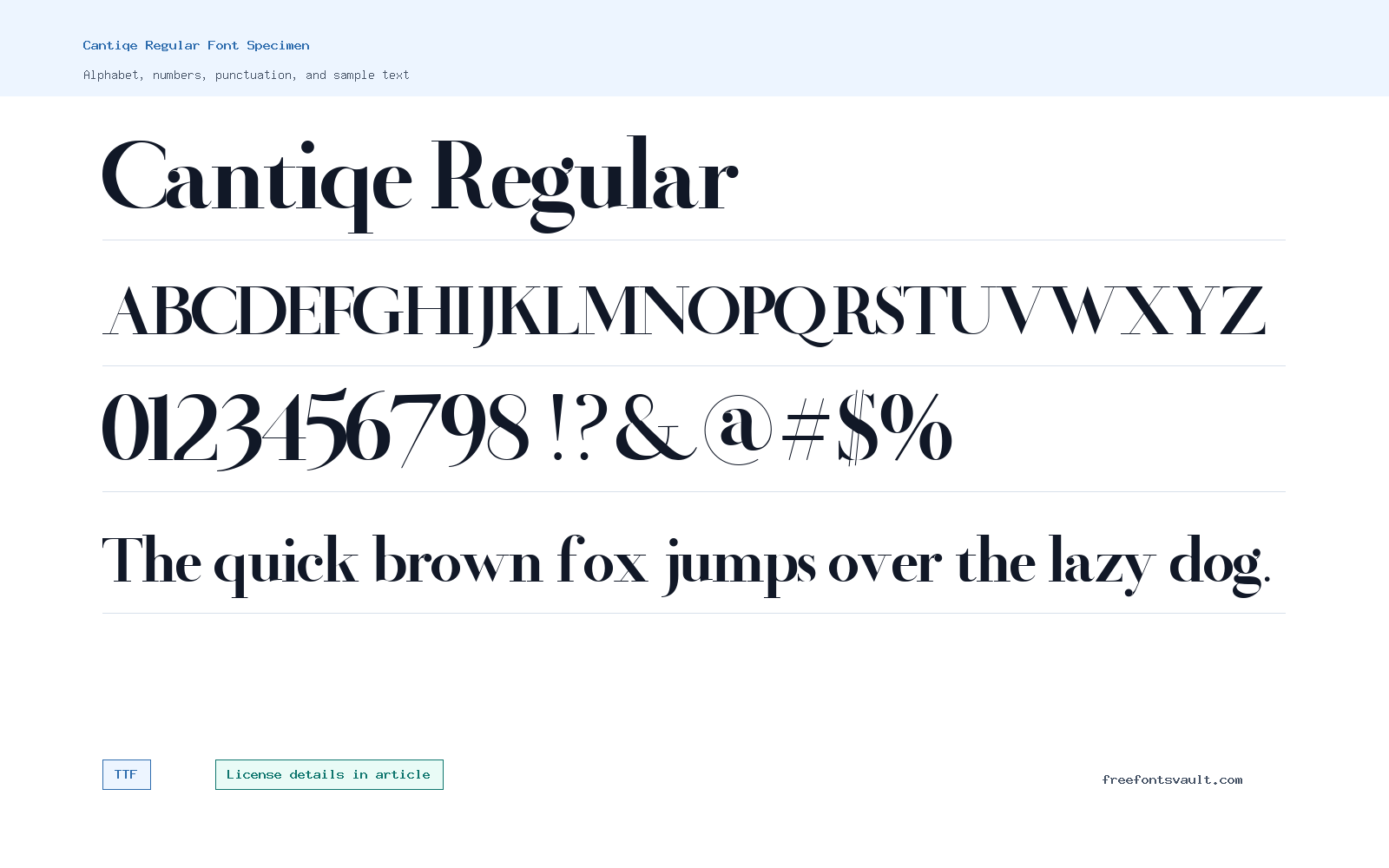 Cantiqe Regular font specimen showing alphabet, numbers, and sample text