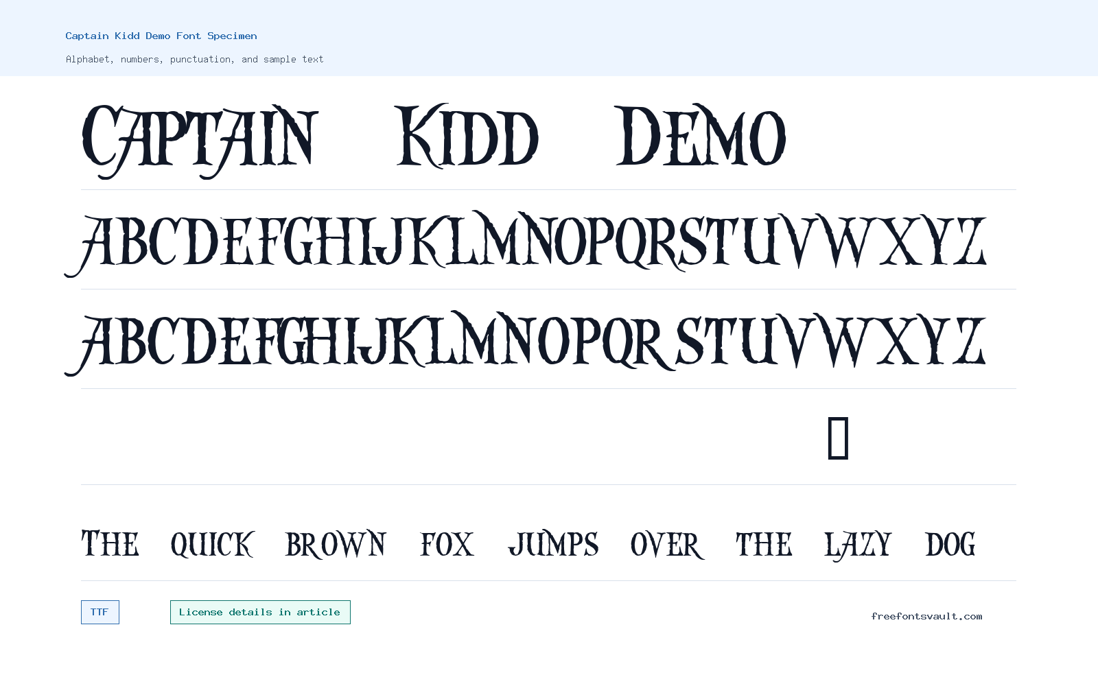 Captain Kidd Demo font specimen showing alphabet, numbers, and sample text