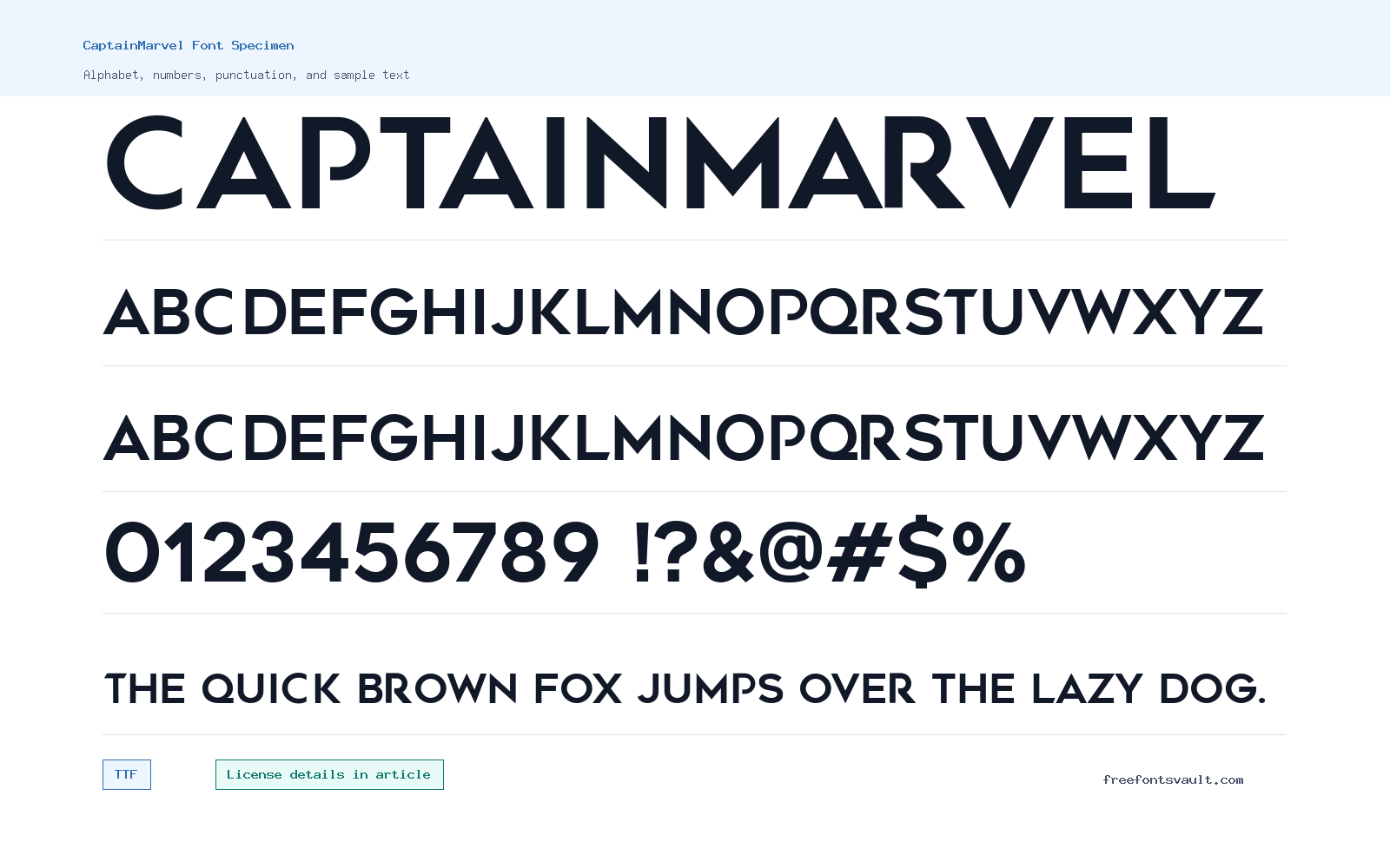 CaptainMarvel font specimen showing alphabet, numbers, and sample text