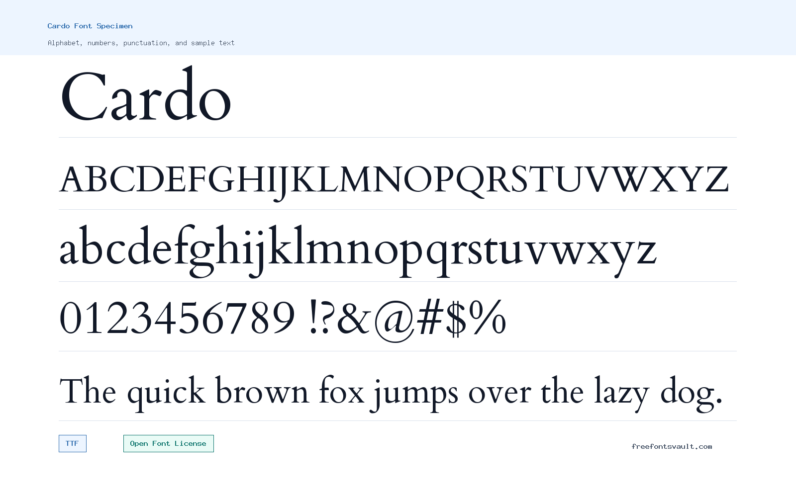 Cardo font specimen showing alphabet, numbers, and sample text