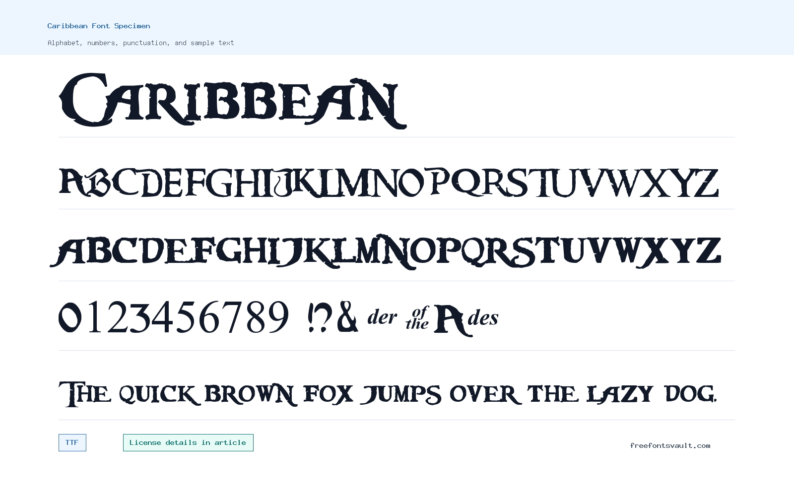 Caribbean font specimen showing alphabet, numbers, and sample text