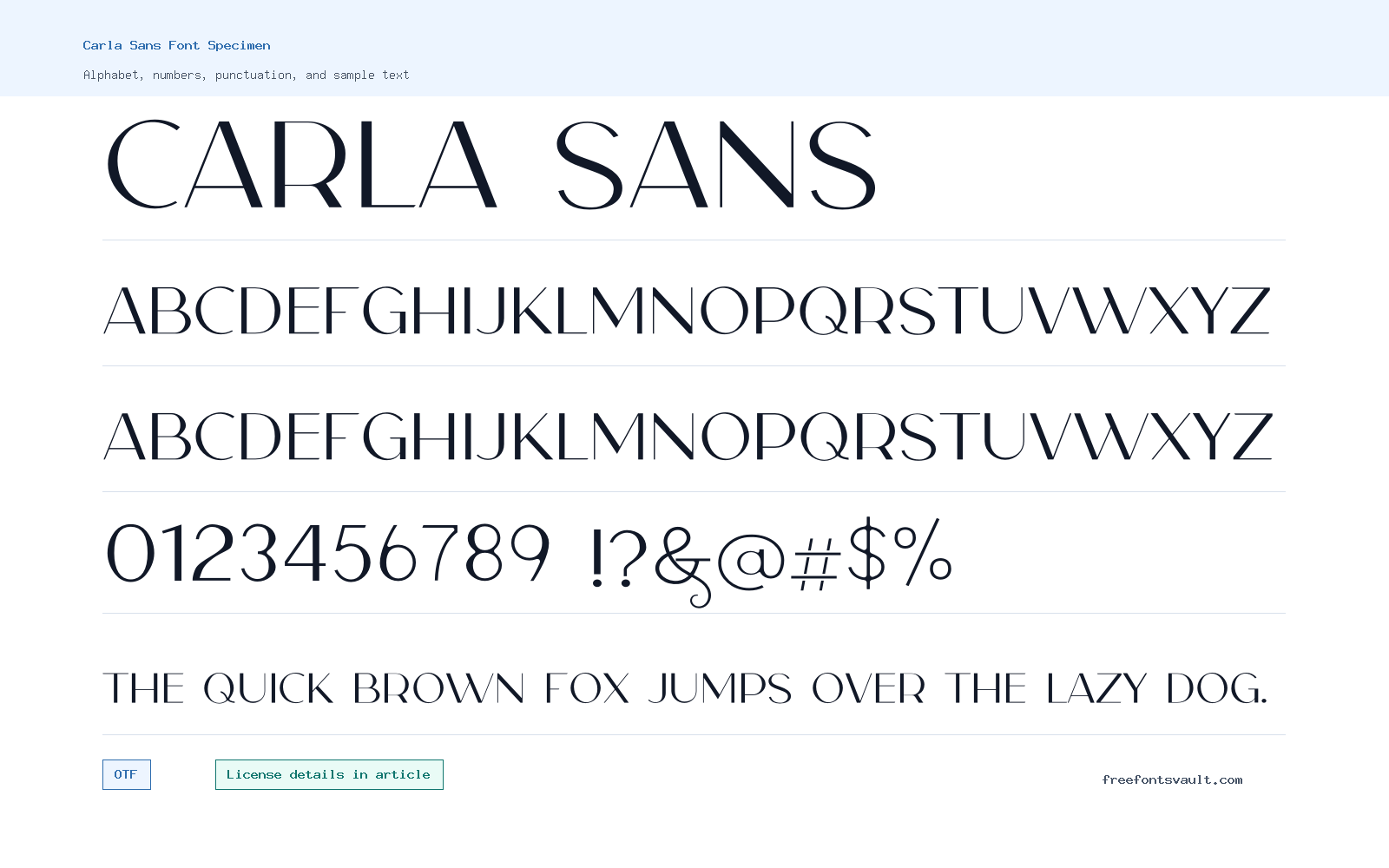 Carla Sans font specimen showing alphabet, numbers, and sample text