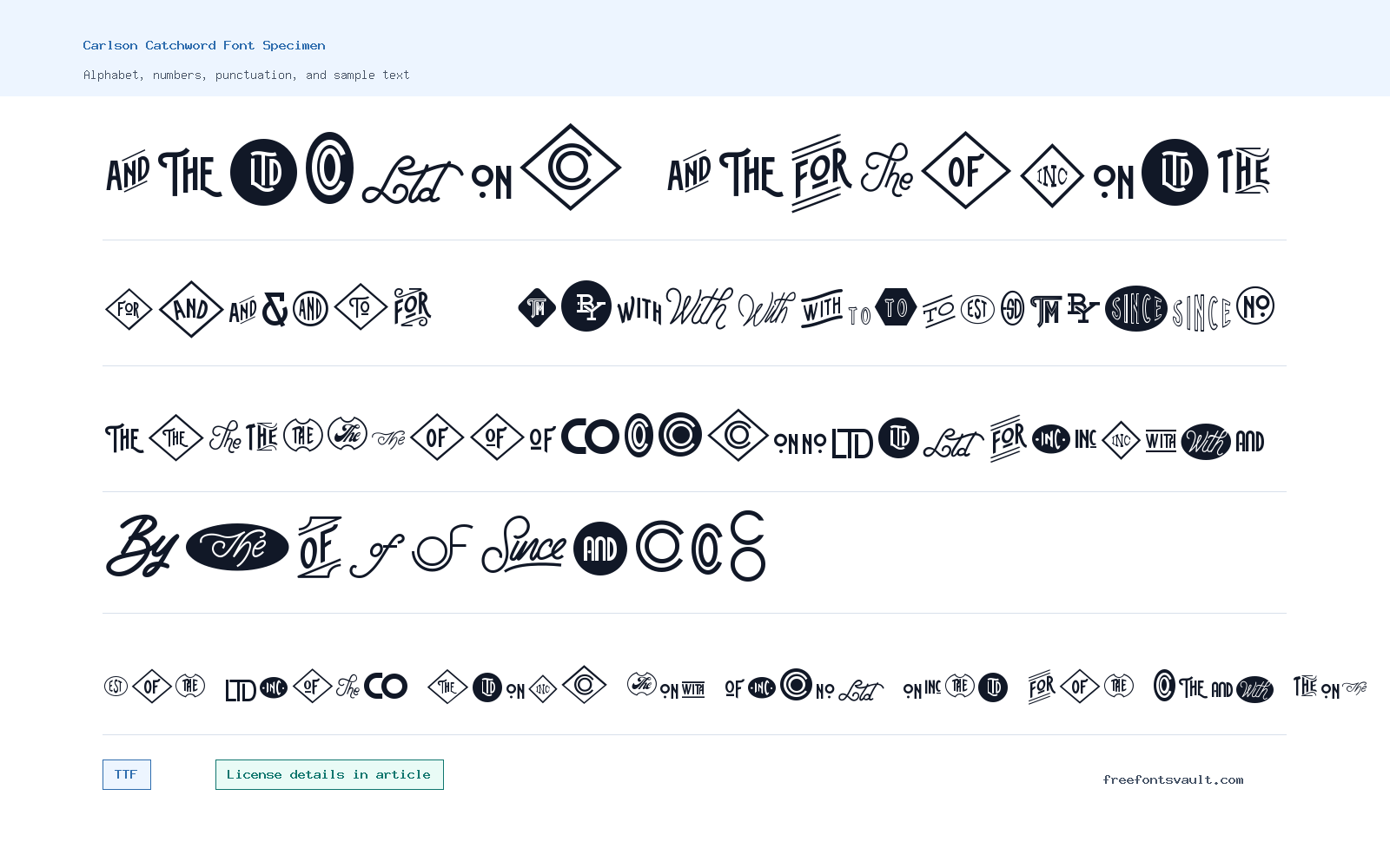 Carlson Catchword font specimen showing alphabet, numbers, and sample text