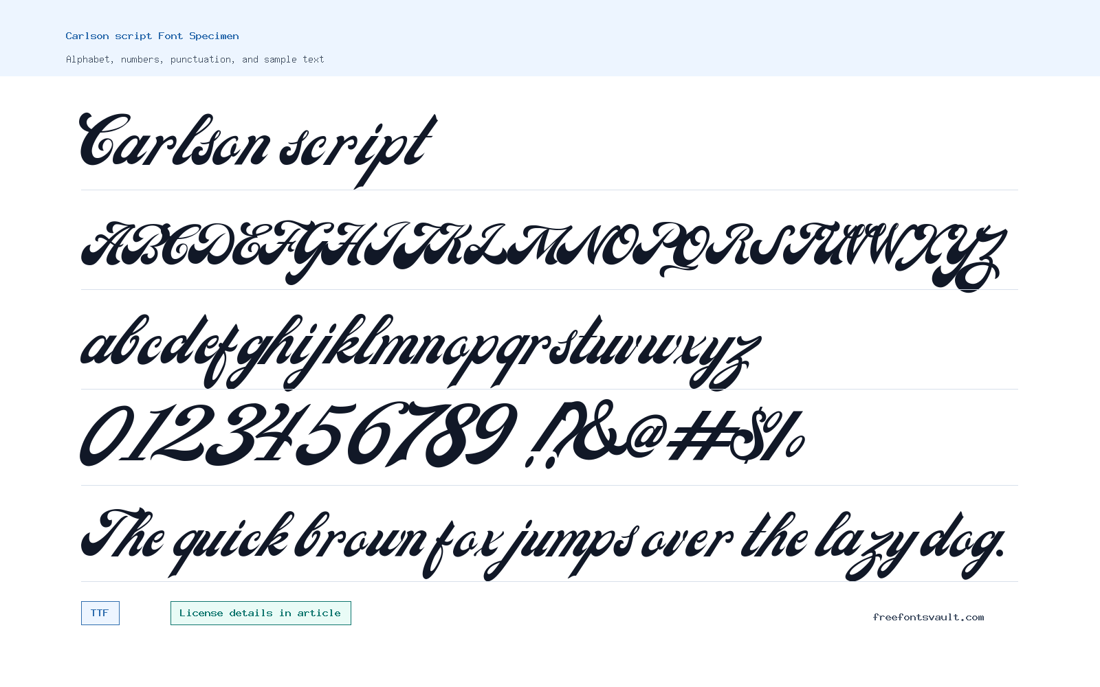 Carlson script font specimen showing alphabet, numbers, and sample text