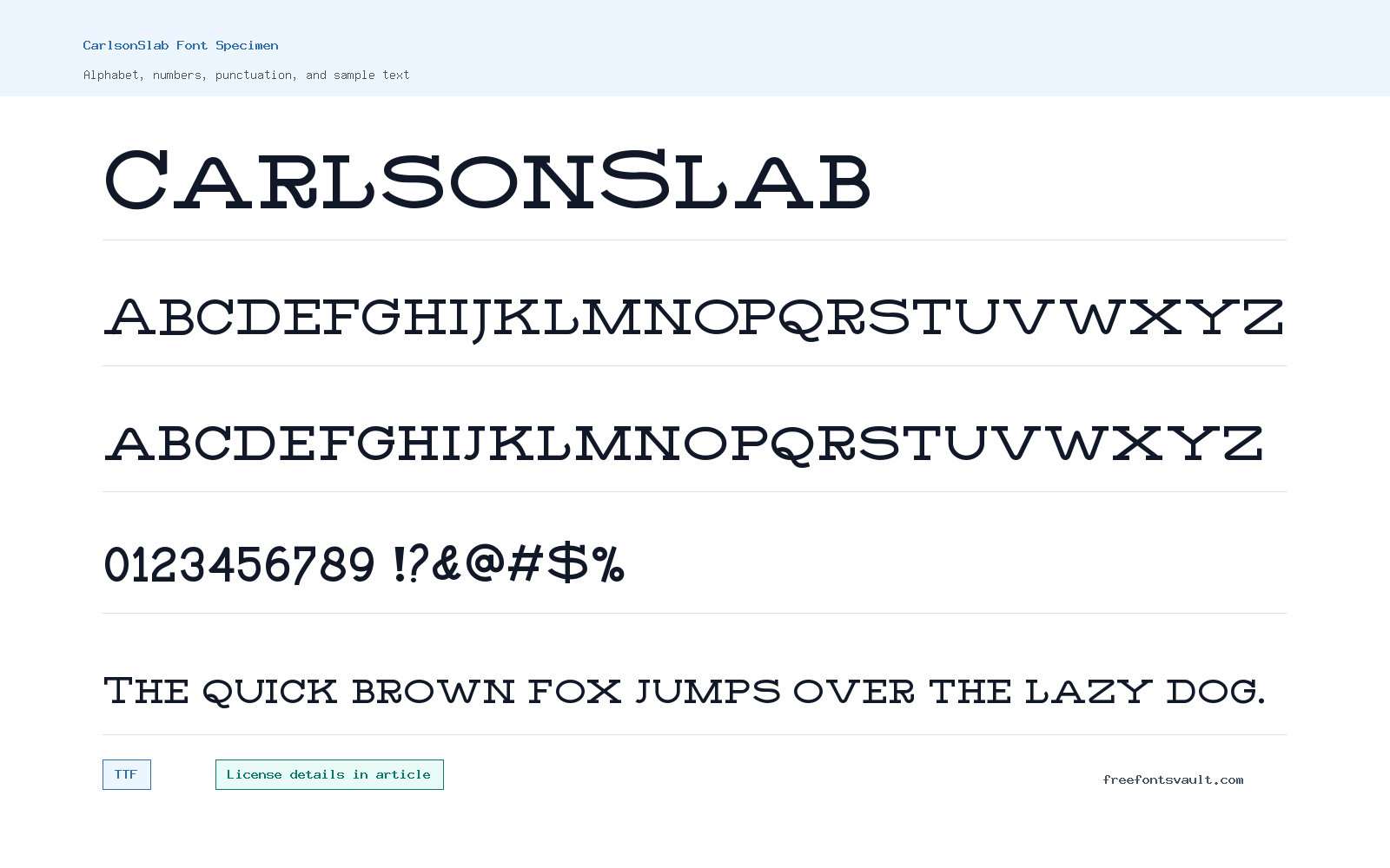 CarlsonSlab font specimen showing alphabet, numbers, and sample text