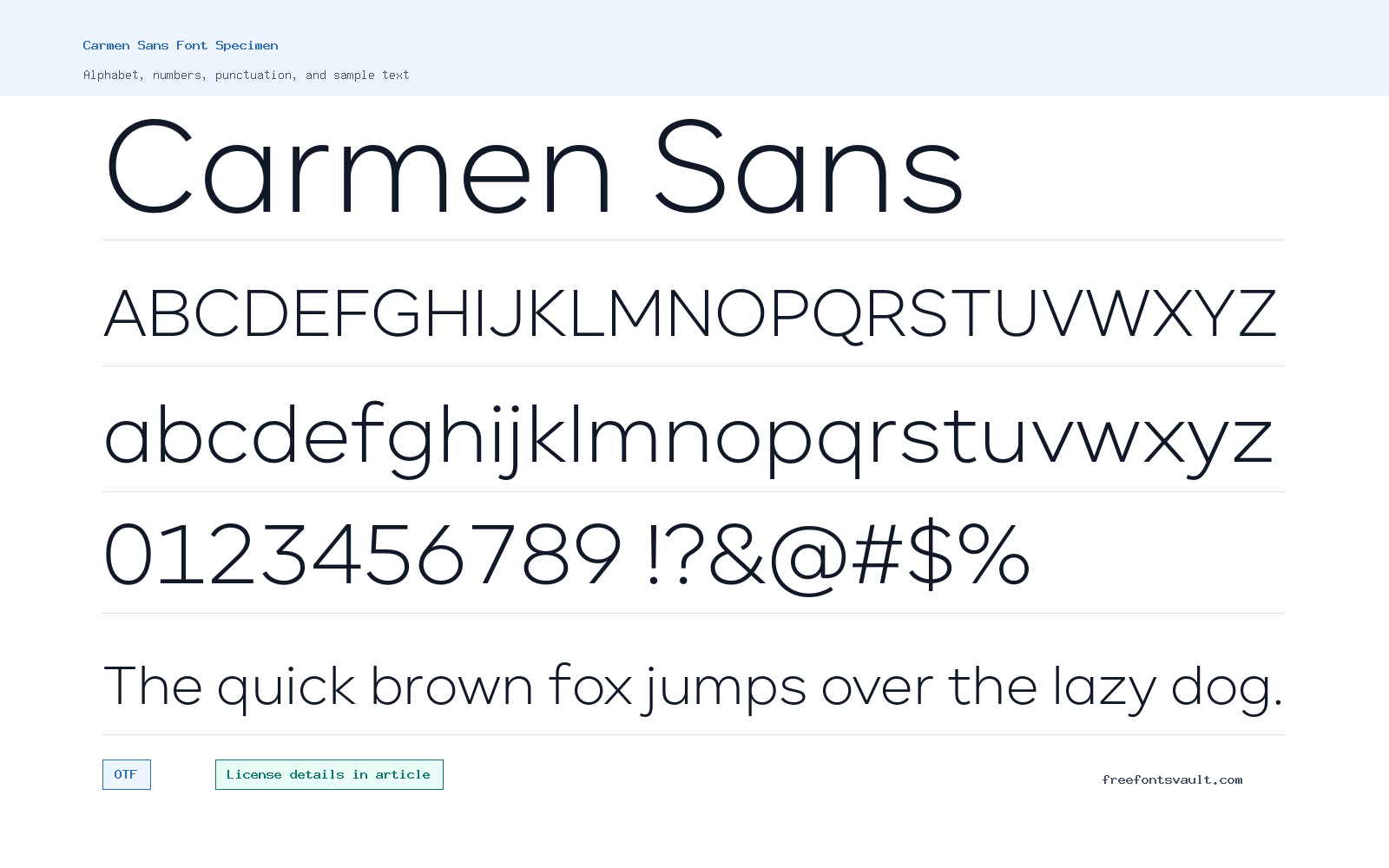 Carmen Sans font specimen showing alphabet, numbers, and sample text