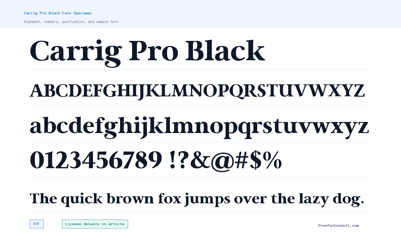 Carrig Pro Black font specimen showing alphabet, numbers, and sample text