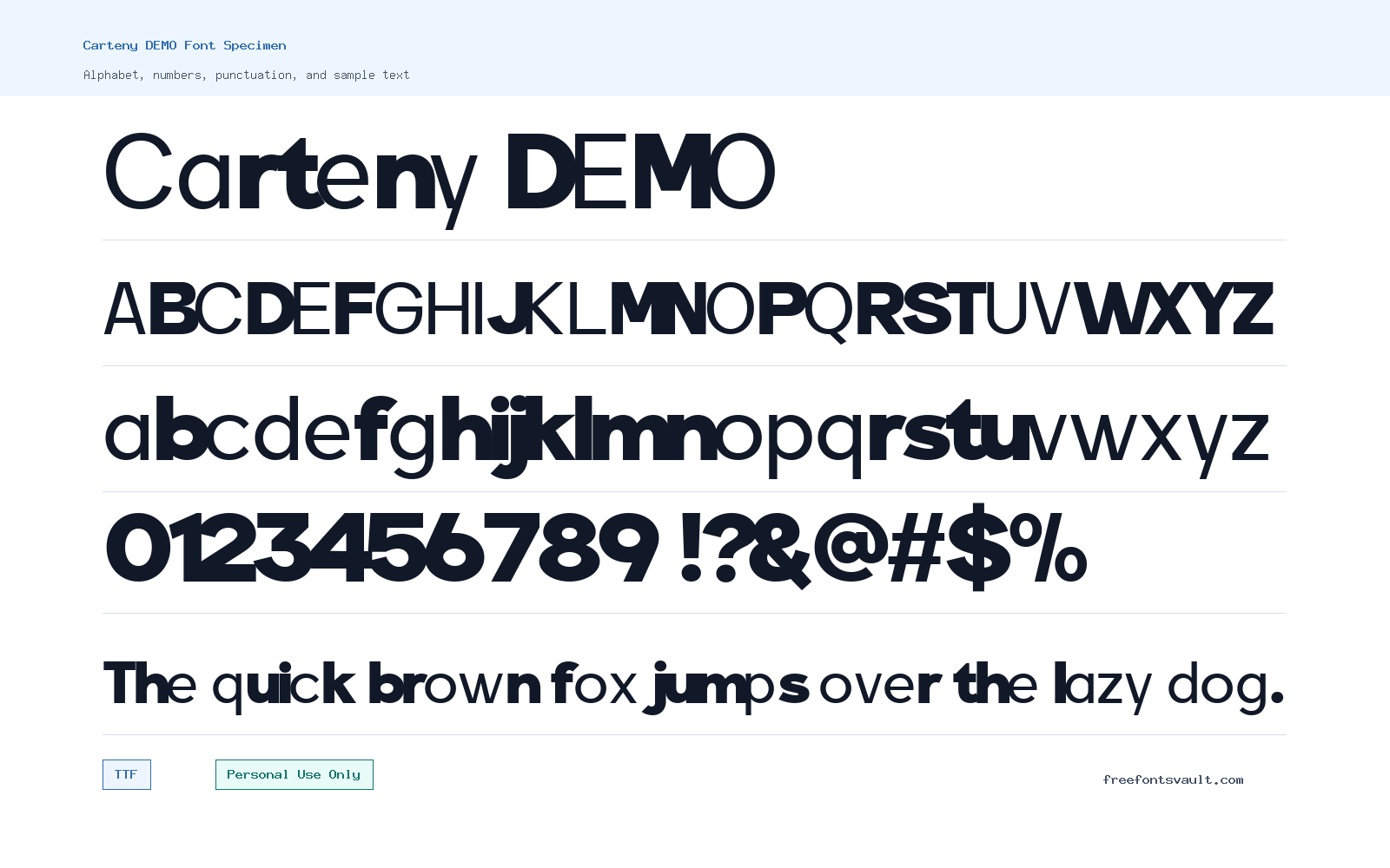 Carteny DEMO font specimen showing alphabet, numbers, and sample text