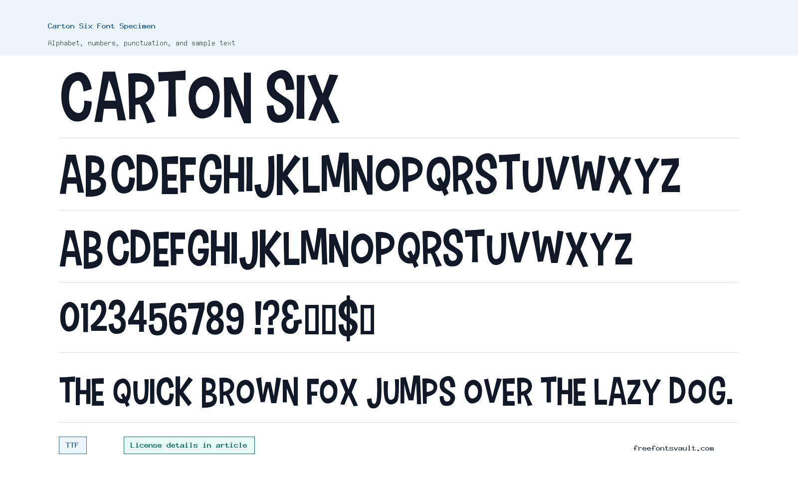 Carton Six font specimen showing alphabet, numbers, and sample text