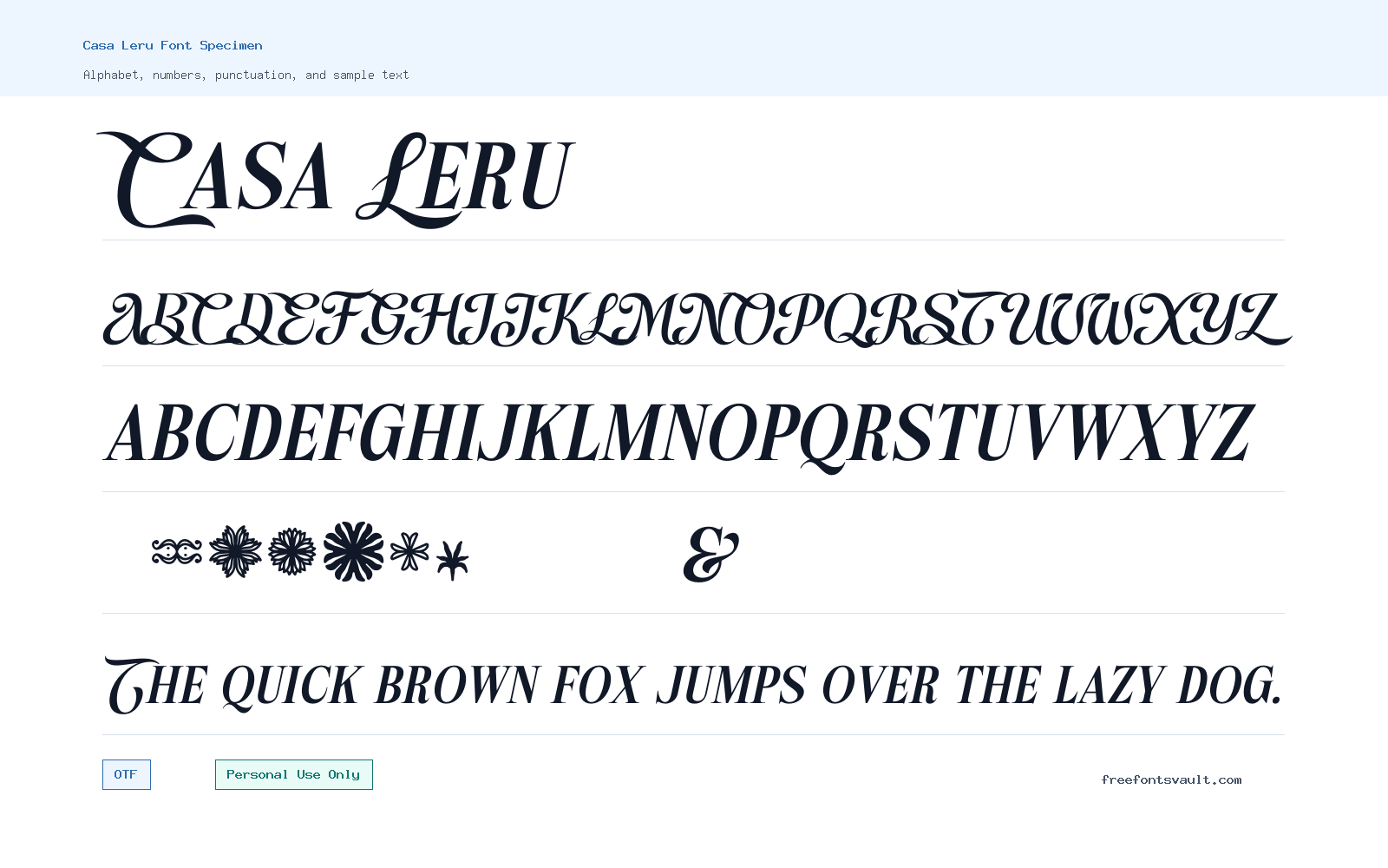 Casa Leru font specimen showing alphabet, numbers, and sample text