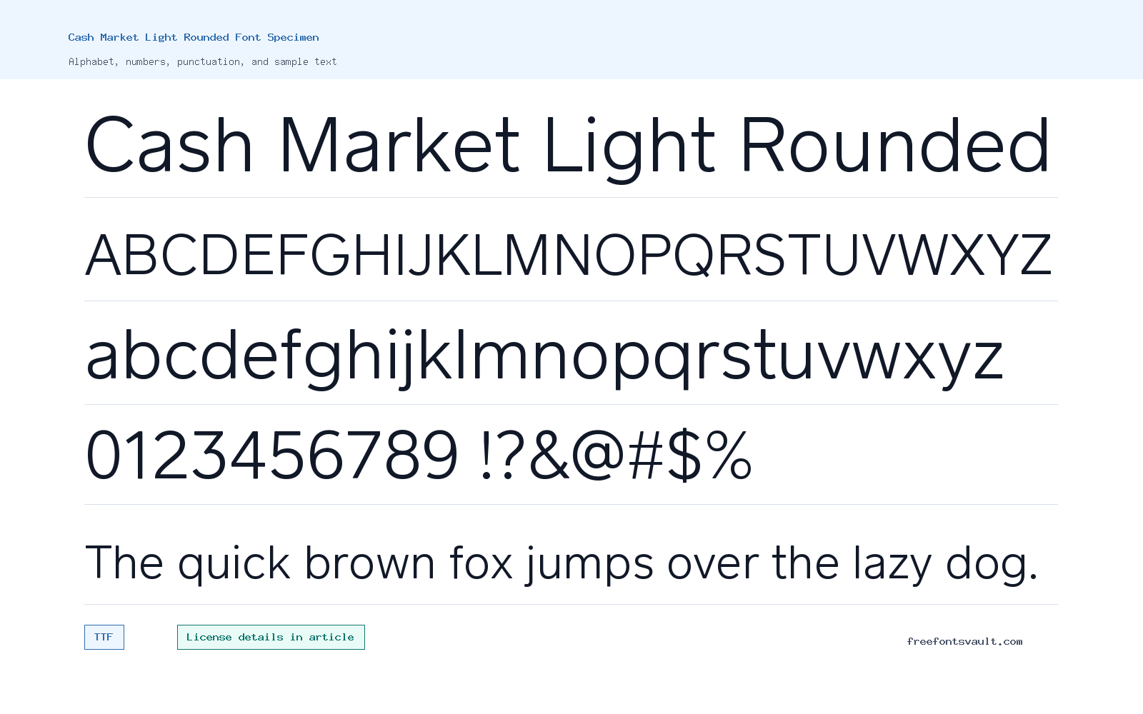 Cash Market Light Rounded font specimen showing alphabet, numbers, and sample text