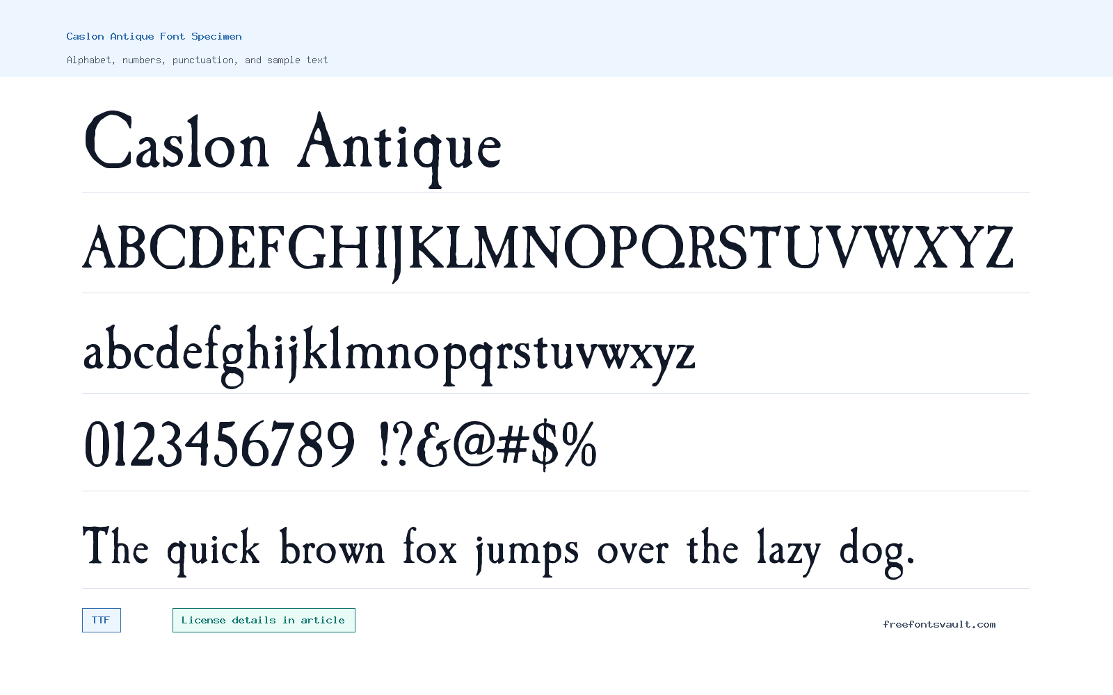 Caslon Antique font specimen showing alphabet, numbers, and sample text