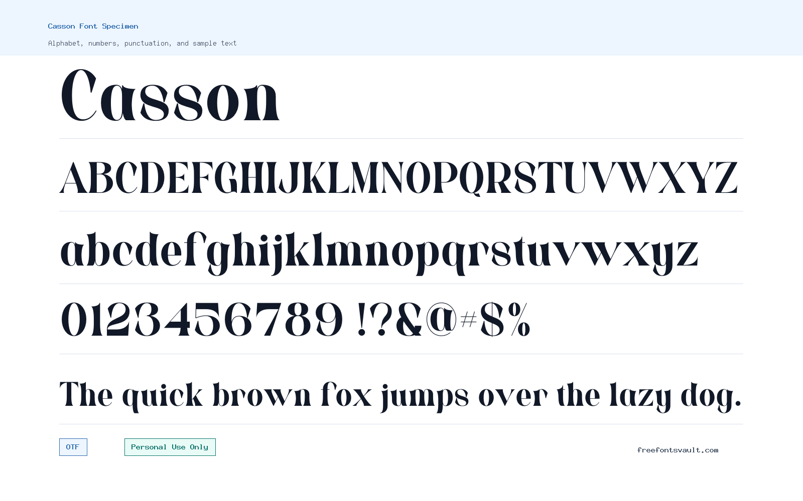 Casson font specimen showing alphabet, numbers, and sample text