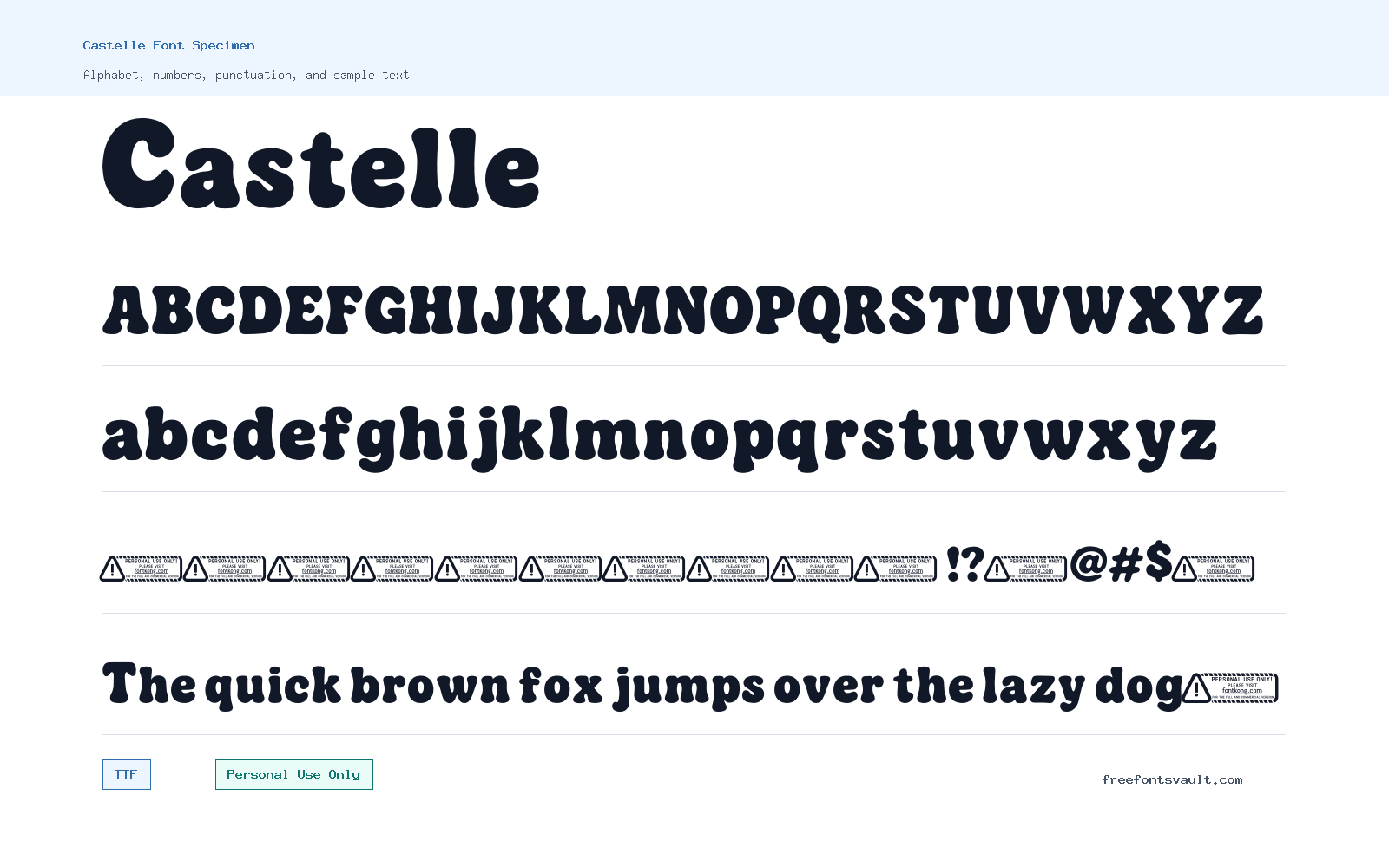 Castelle font specimen showing alphabet, numbers, and sample text