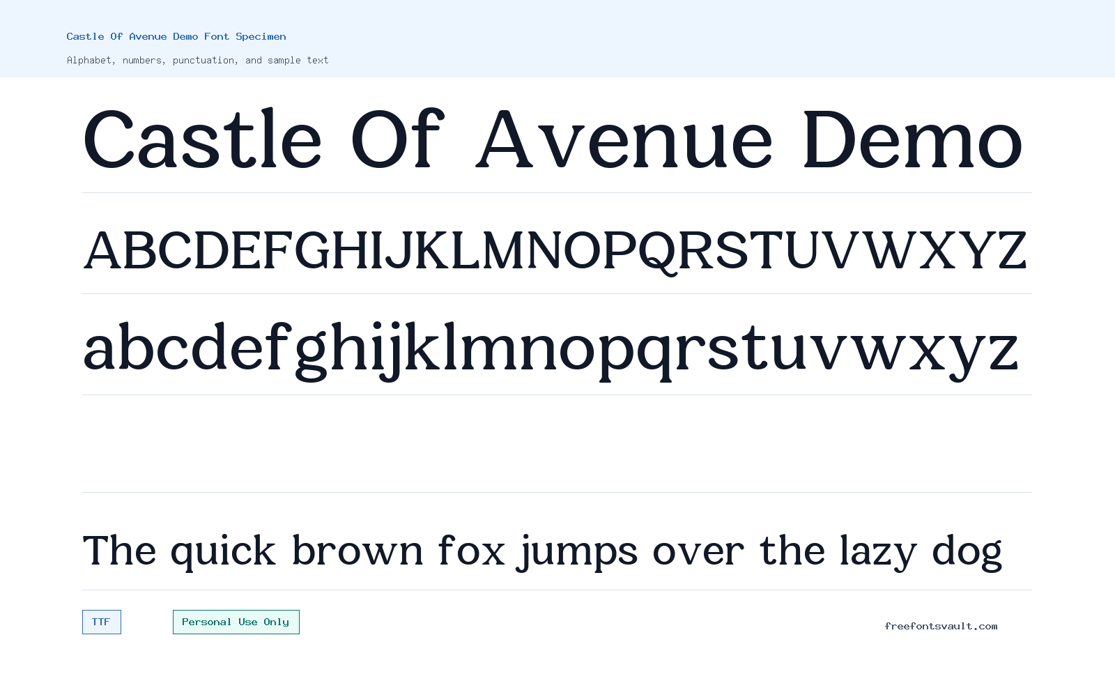 Castle Of Avenue Demo font specimen showing alphabet, numbers, and sample text