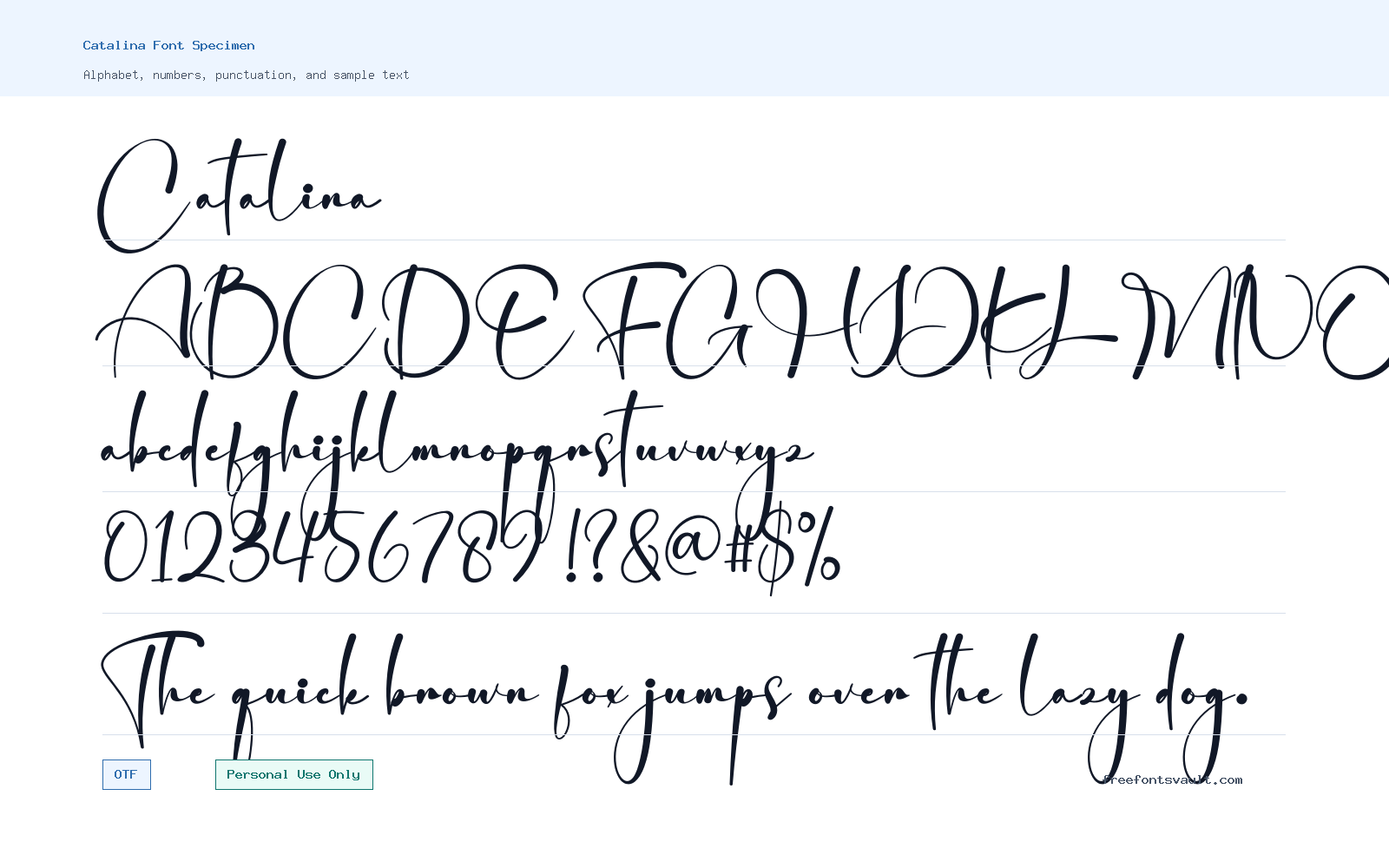 Catalina font specimen showing alphabet, numbers, and sample text