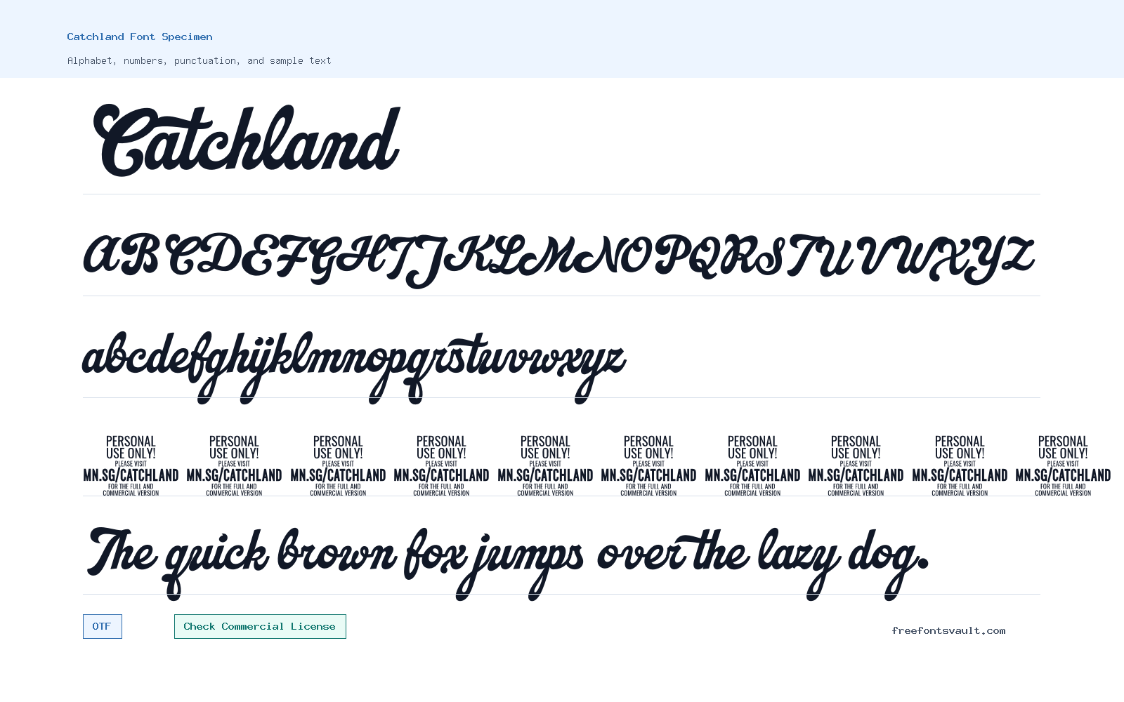 Catchland font specimen showing alphabet, numbers, and sample text