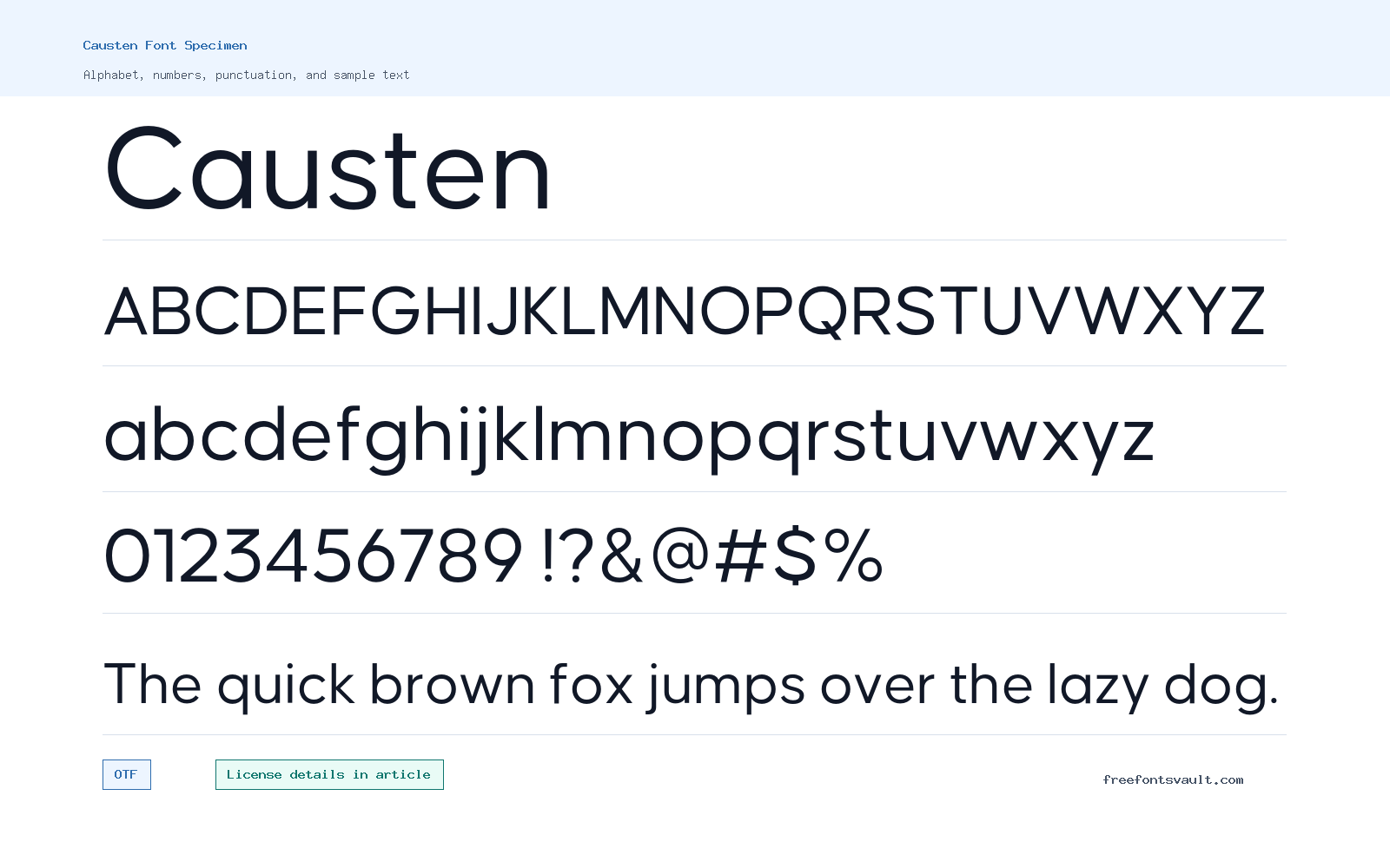 Causten font specimen showing alphabet, numbers, and sample text