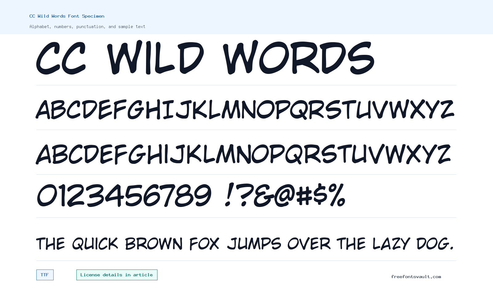 CC Wild Words font specimen showing alphabet, numbers, and sample text