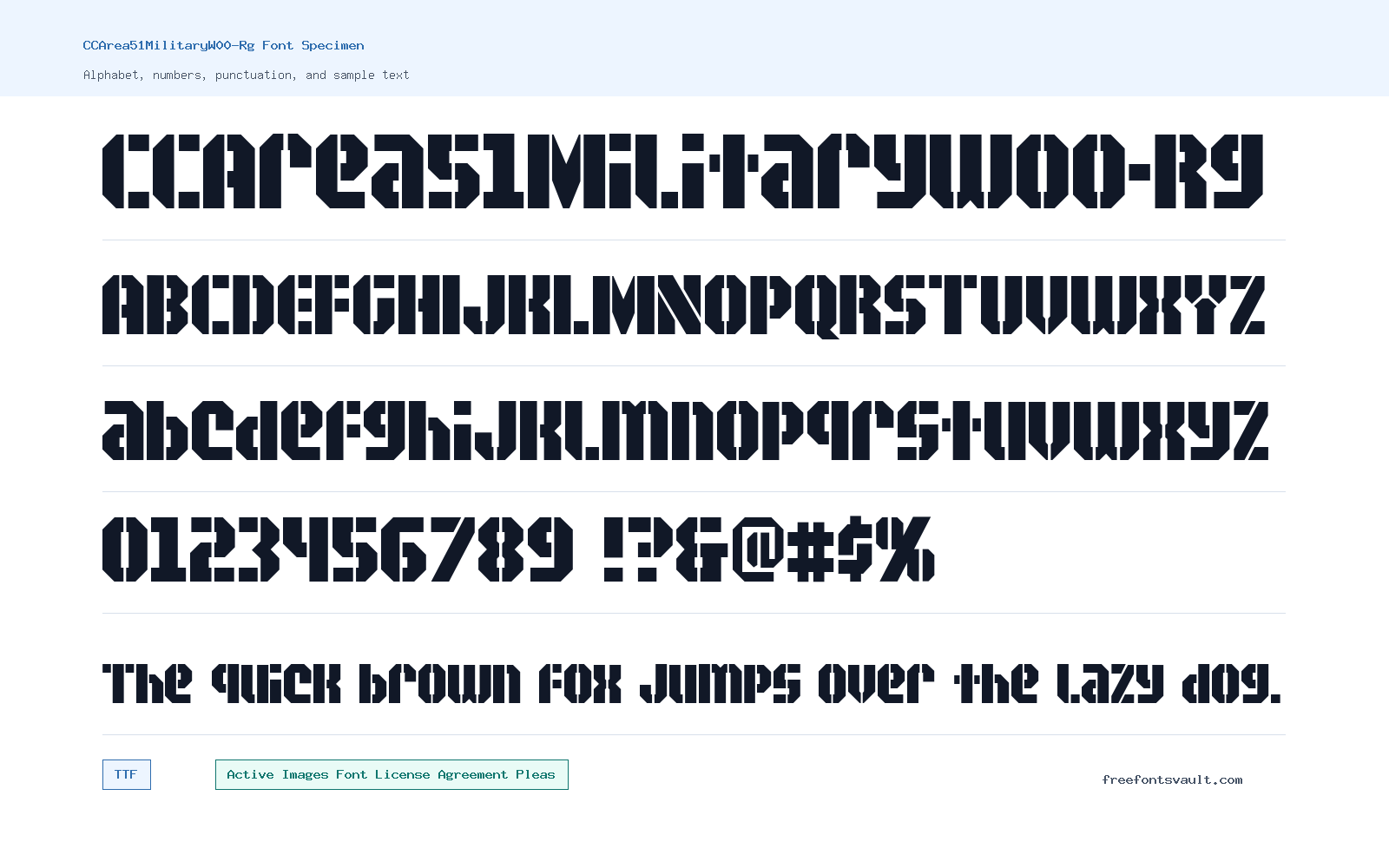 CCArea51MilitaryW00-Rg font specimen showing alphabet, numbers, and sample text