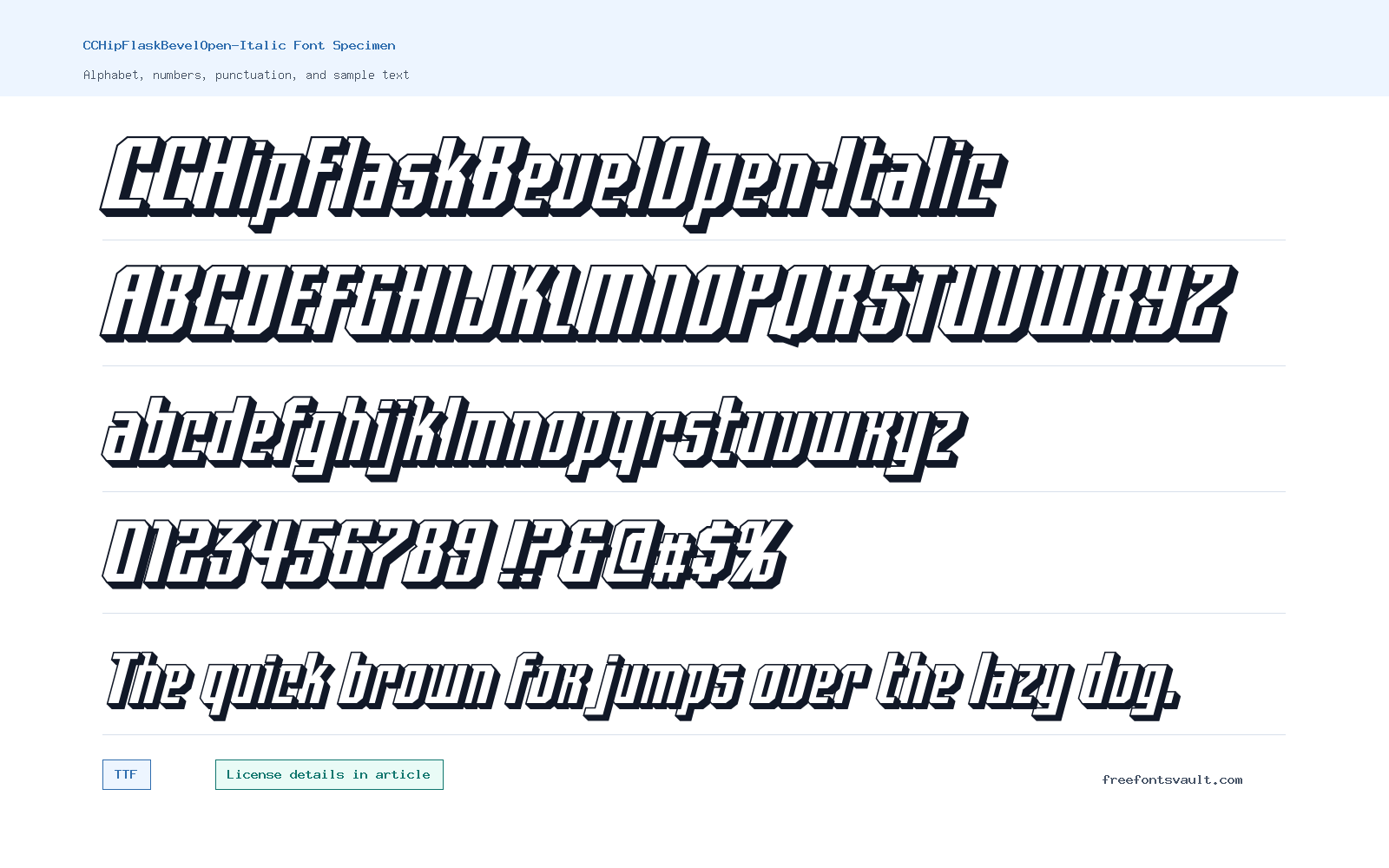 CCHipFlaskBevelOpen-Italic font specimen showing alphabet, numbers, and sample text