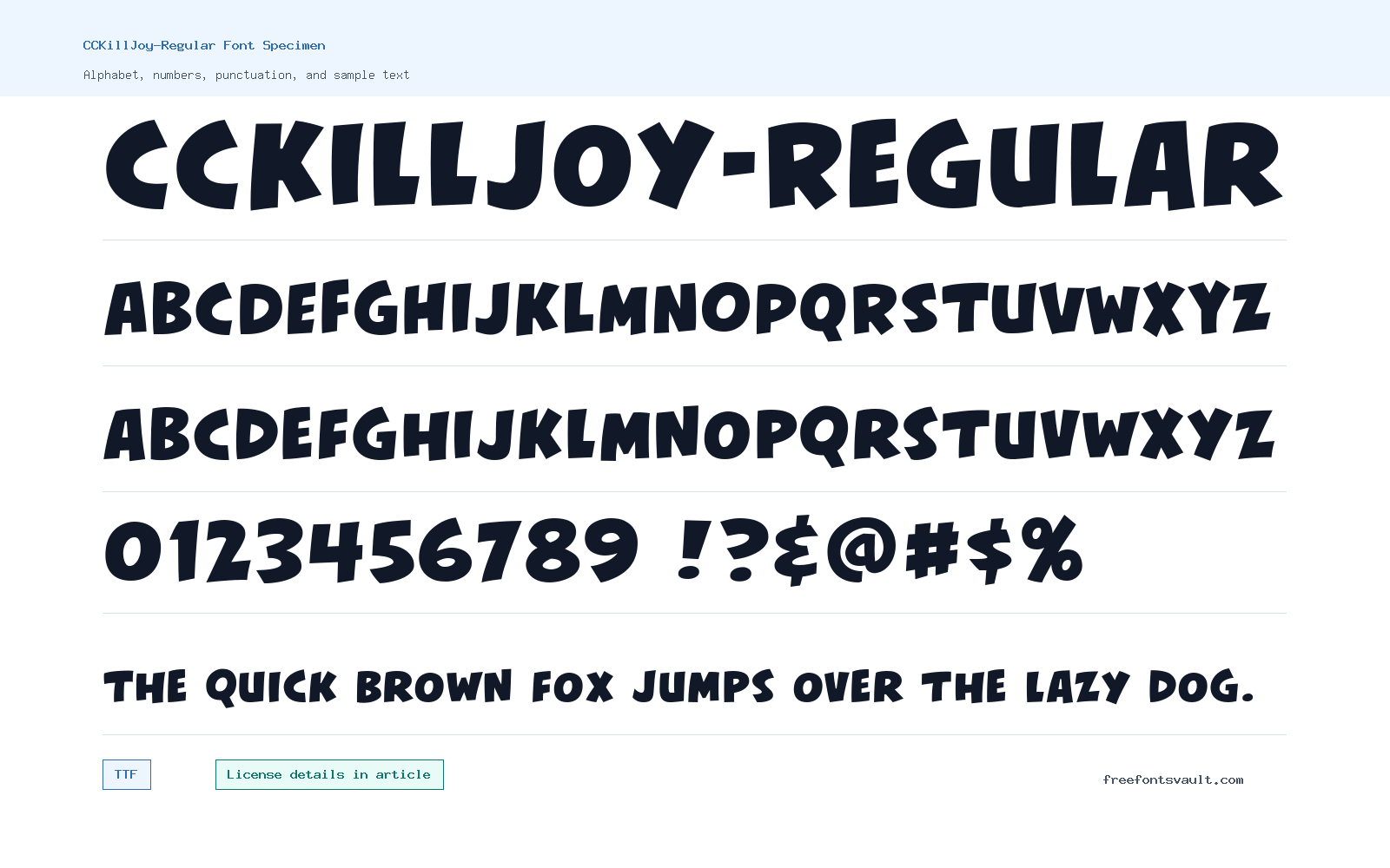 CCKillJoy-Regular font specimen showing alphabet, numbers, and sample text