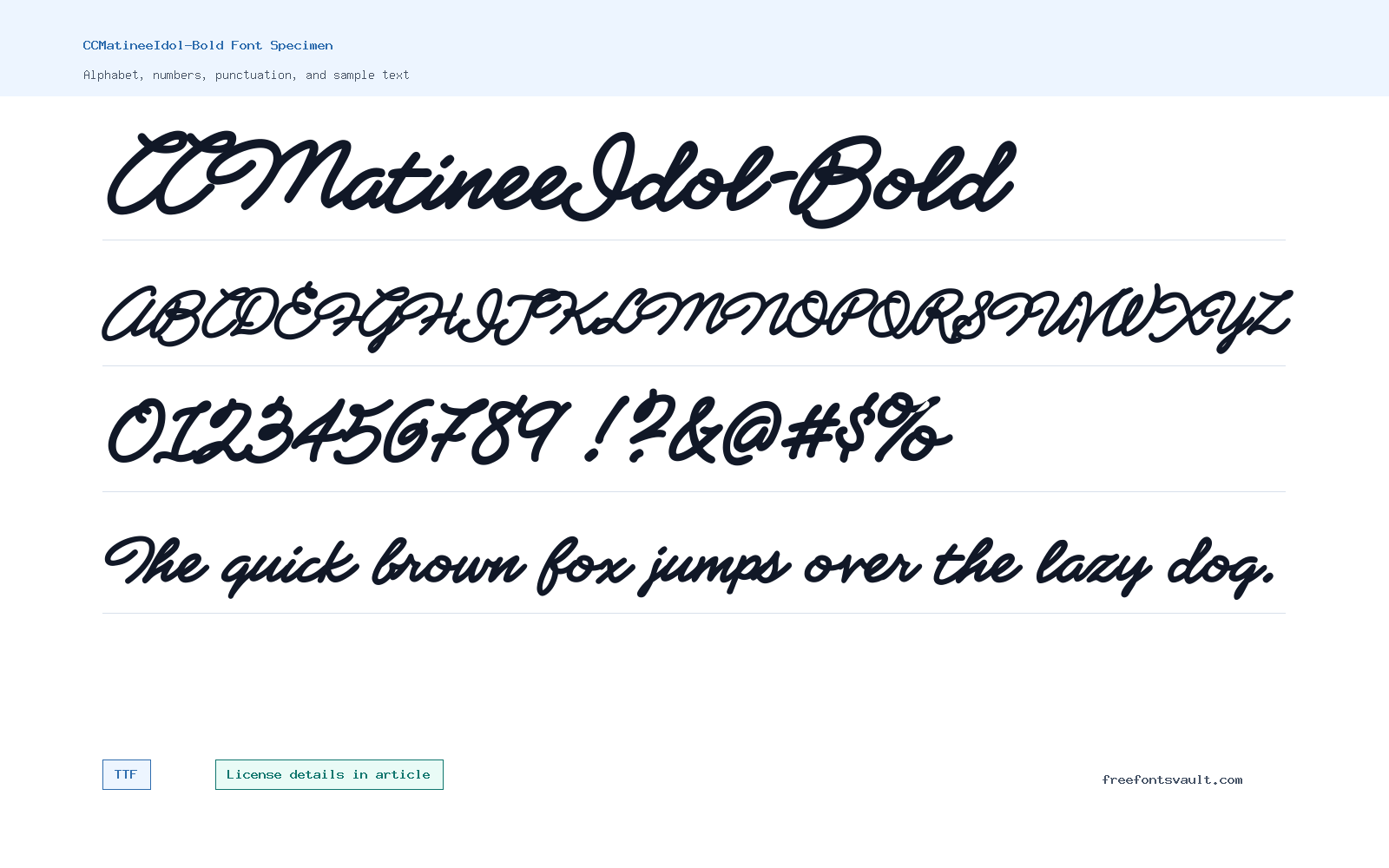CCMatineeIdol-Bold font specimen showing alphabet, numbers, and sample text