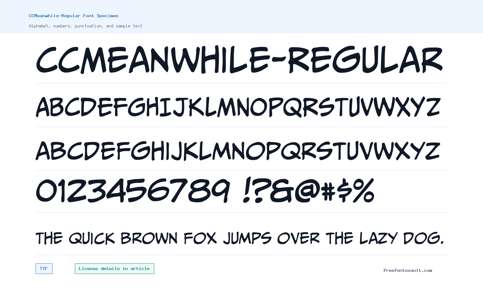 CCMeanwhile-Regular font specimen showing alphabet, numbers, and sample text