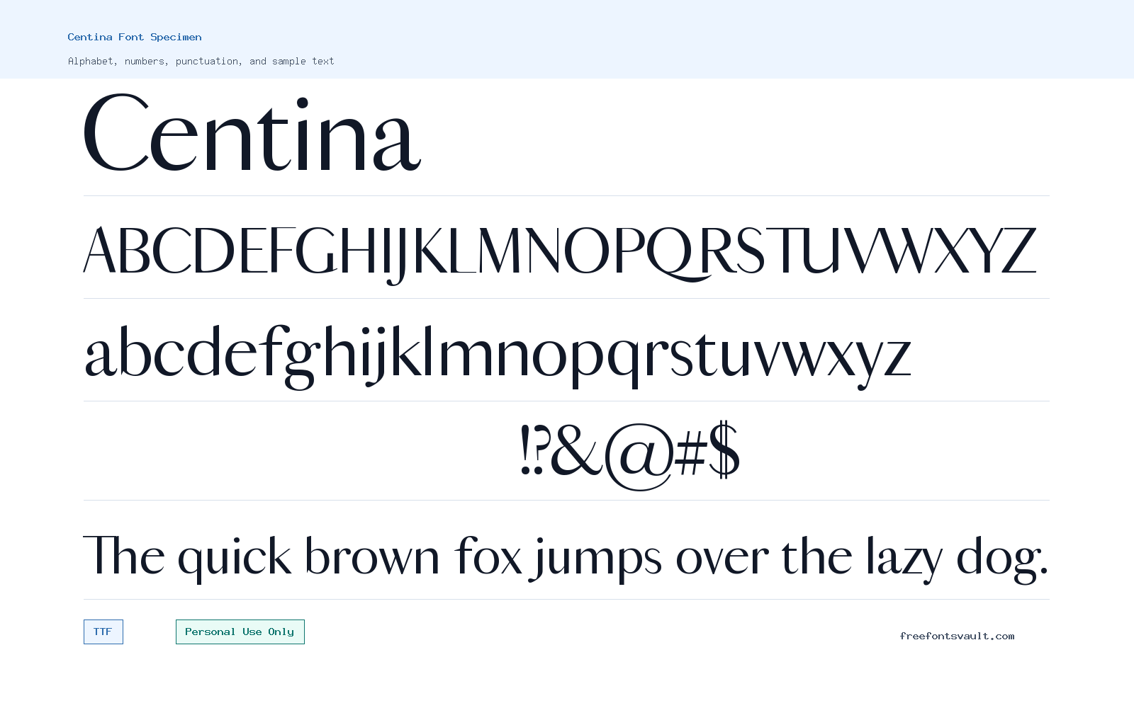 Centina font specimen showing alphabet, numbers, and sample text