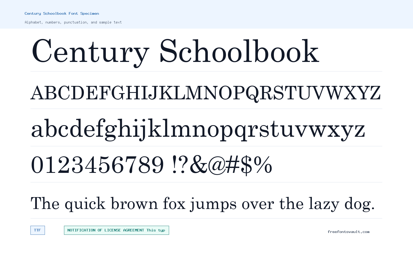 Century Schoolbook font specimen showing alphabet, numbers, and sample text