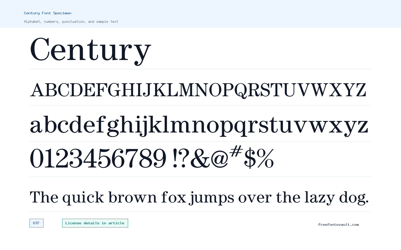 Century font specimen showing alphabet, numbers, and sample text