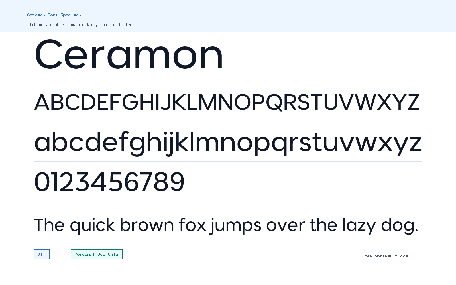 Ceramon font specimen showing alphabet, numbers, and sample text