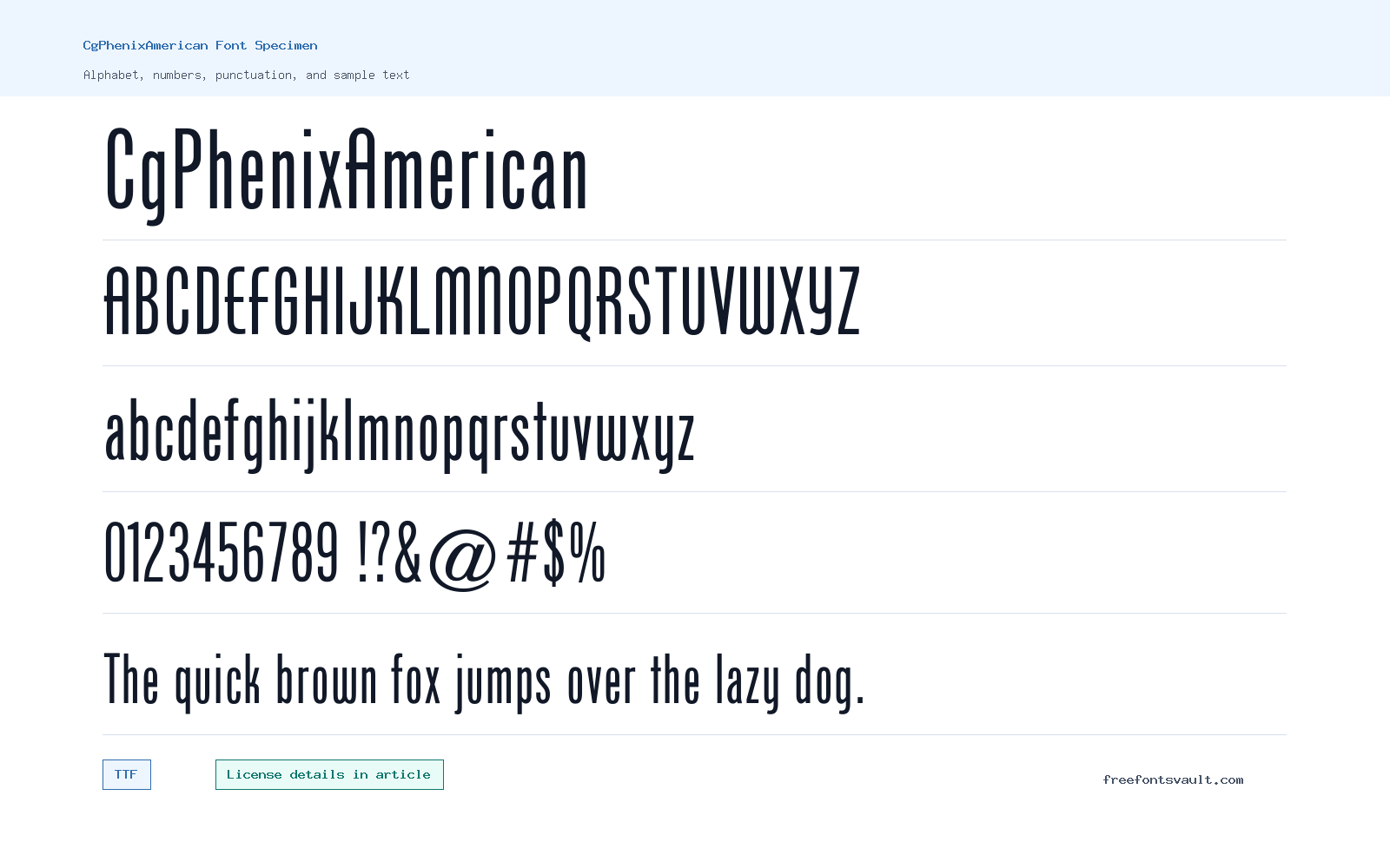 CgPhenixAmerican font specimen showing alphabet, numbers, and sample text