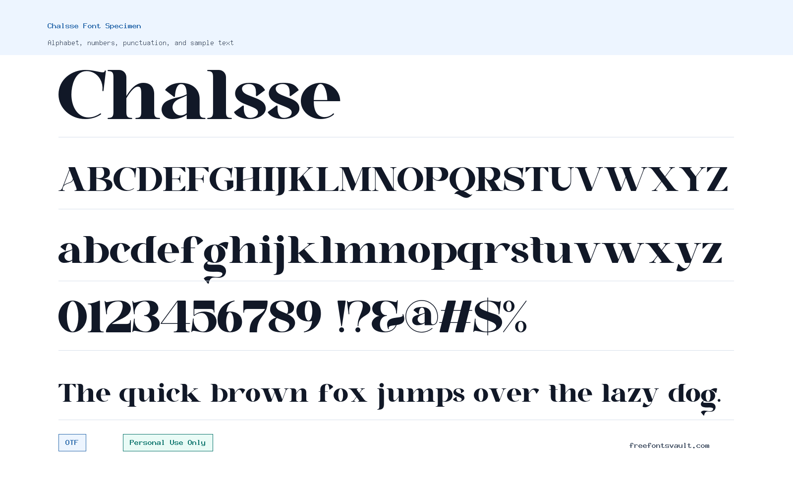 Chalsse font specimen showing alphabet, numbers, and sample text