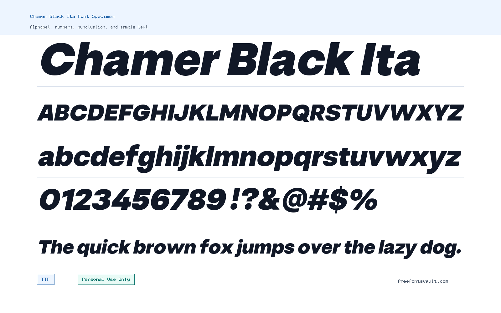 Chamer Black Ita font specimen showing alphabet, numbers, and sample text