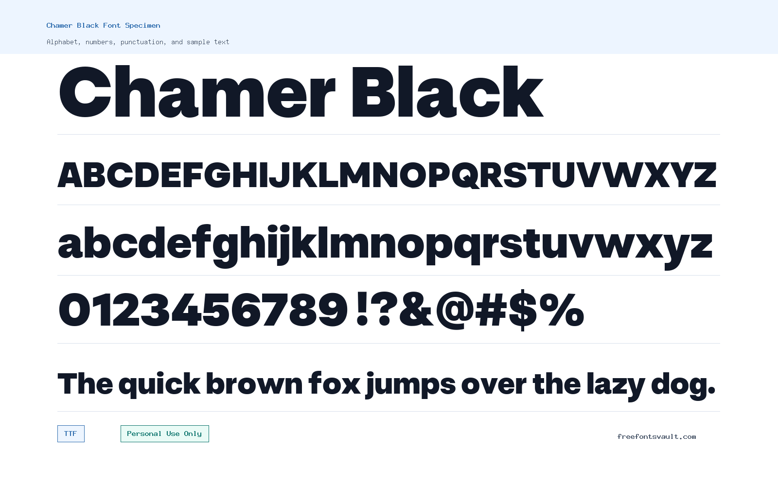 Chamer Black font specimen showing alphabet, numbers, and sample text