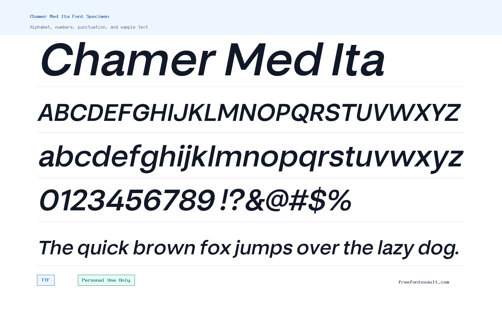 Chamer Med Ita font specimen showing alphabet, numbers, and sample text
