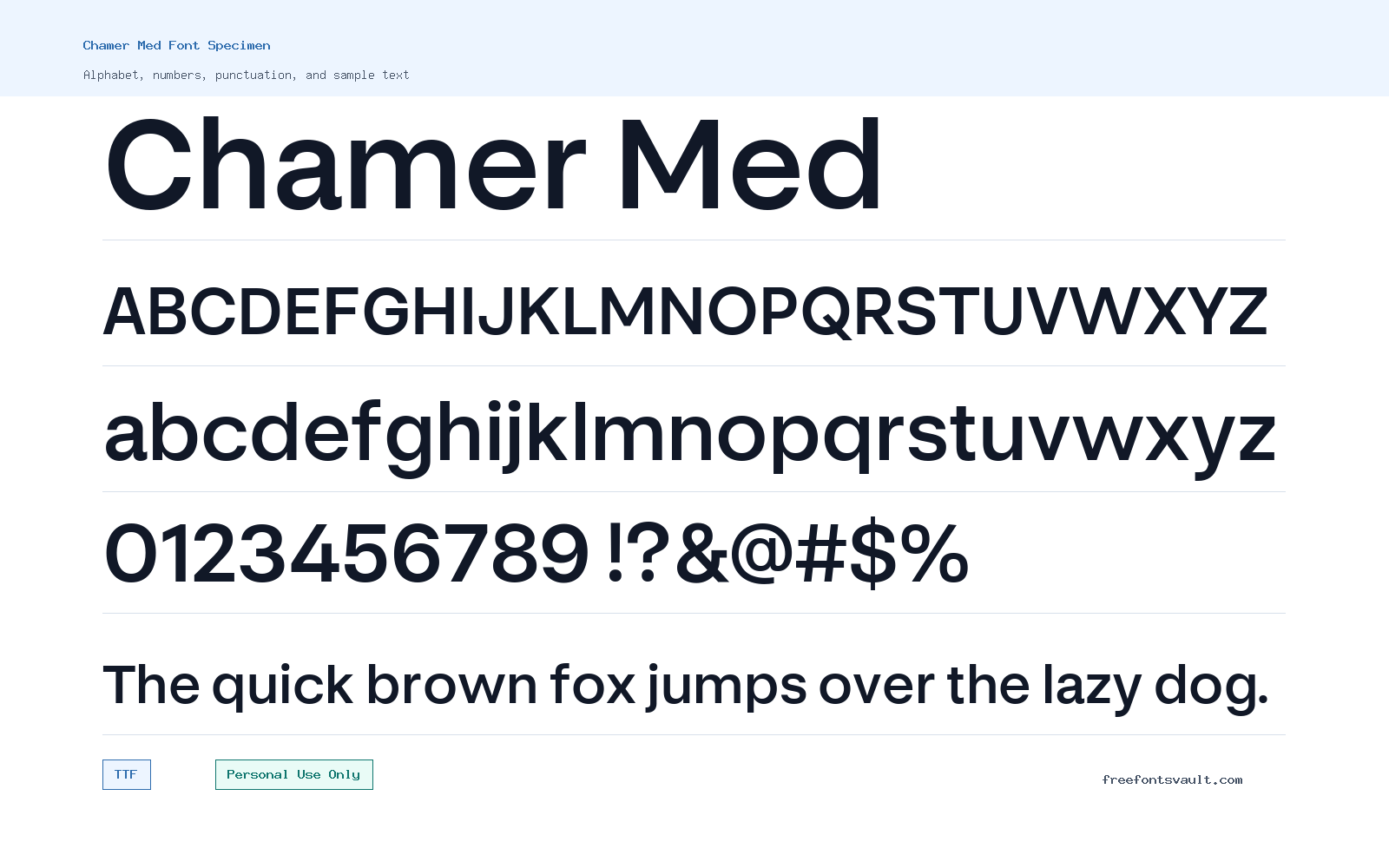 Chamer Med font specimen showing alphabet, numbers, and sample text