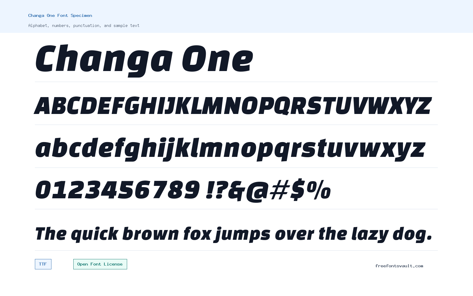 Changa One font specimen showing alphabet, numbers, and sample text