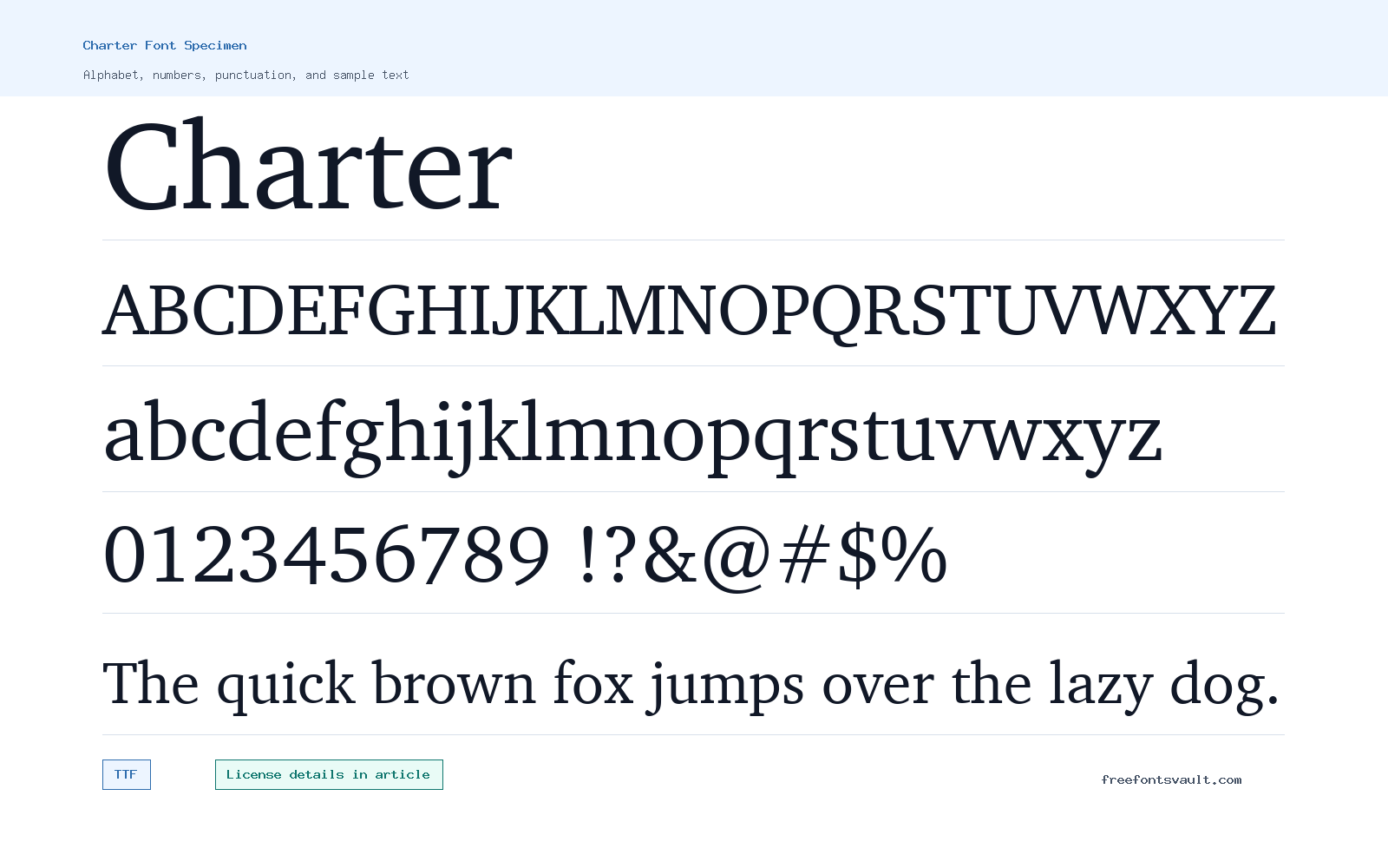 Charter font specimen showing alphabet, numbers, and sample text