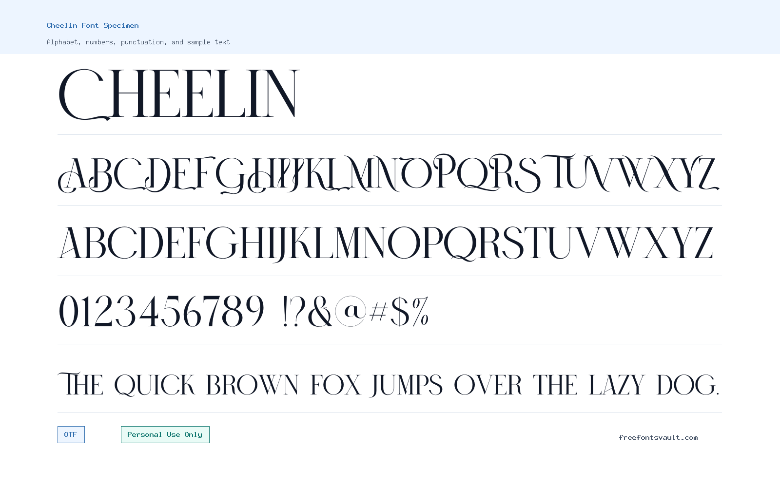 Cheelin font specimen showing alphabet, numbers, and sample text