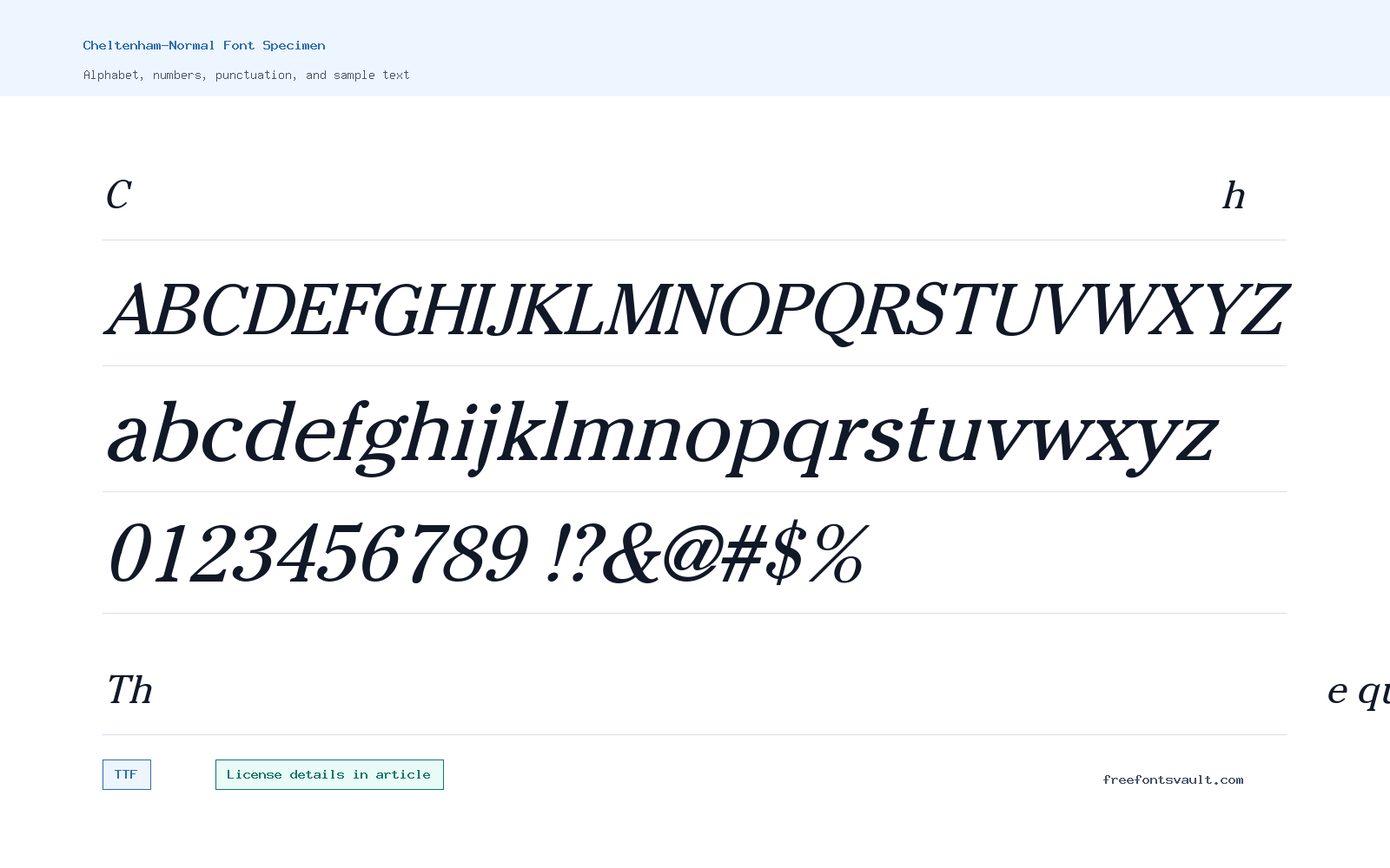 Cheltenham-Normal font specimen showing alphabet, numbers, and sample text