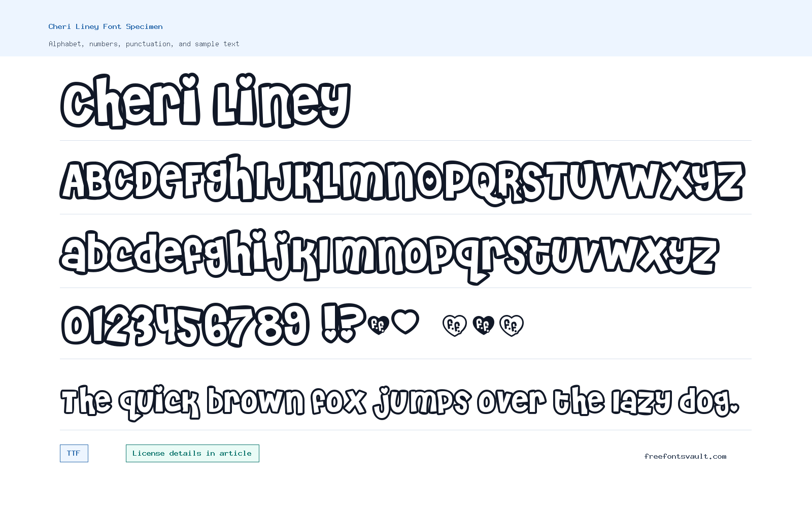 Cheri Liney font specimen showing alphabet, numbers, and sample text