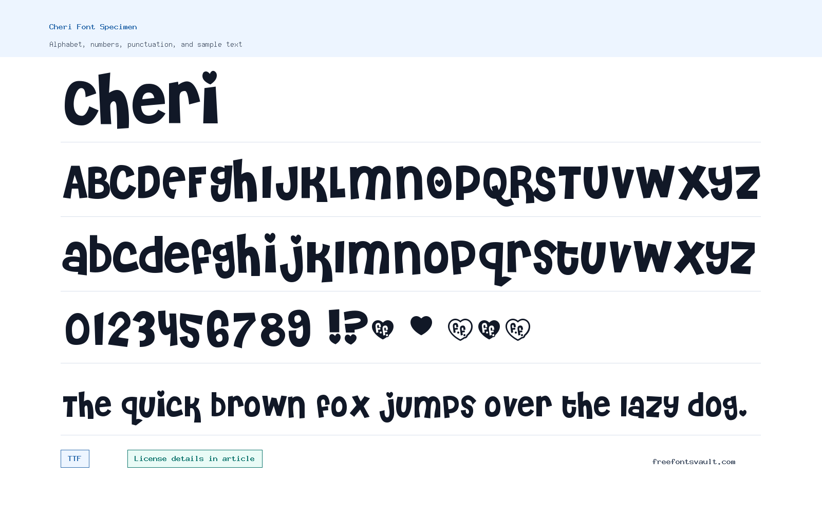 Cheri font specimen showing alphabet, numbers, and sample text
