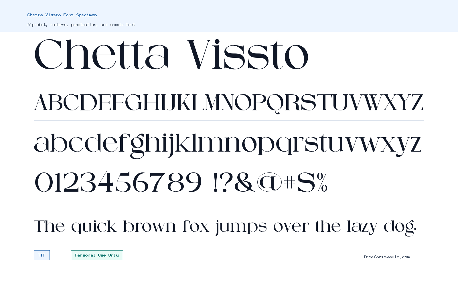 Chetta Vissto font specimen showing alphabet, numbers, and sample text