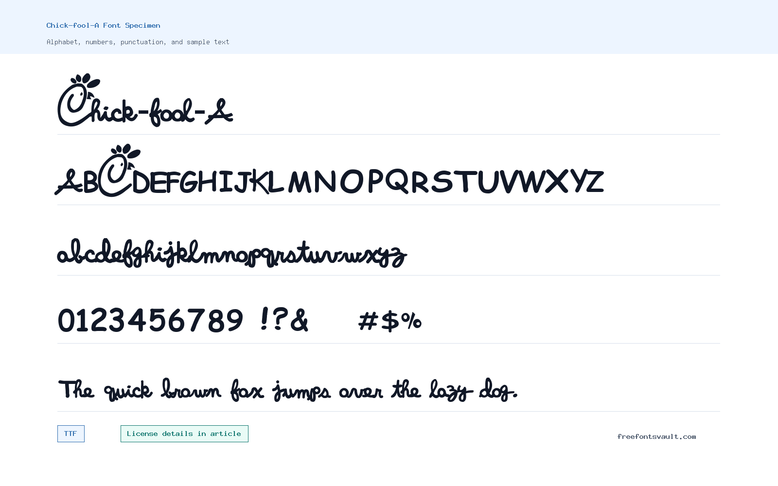 Chick-fool-A font specimen showing alphabet, numbers, and sample text